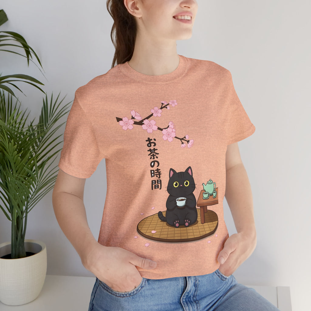 Cat Tea Time T-Shirt — Kawaii Black Cat with Sakura and Teapot
