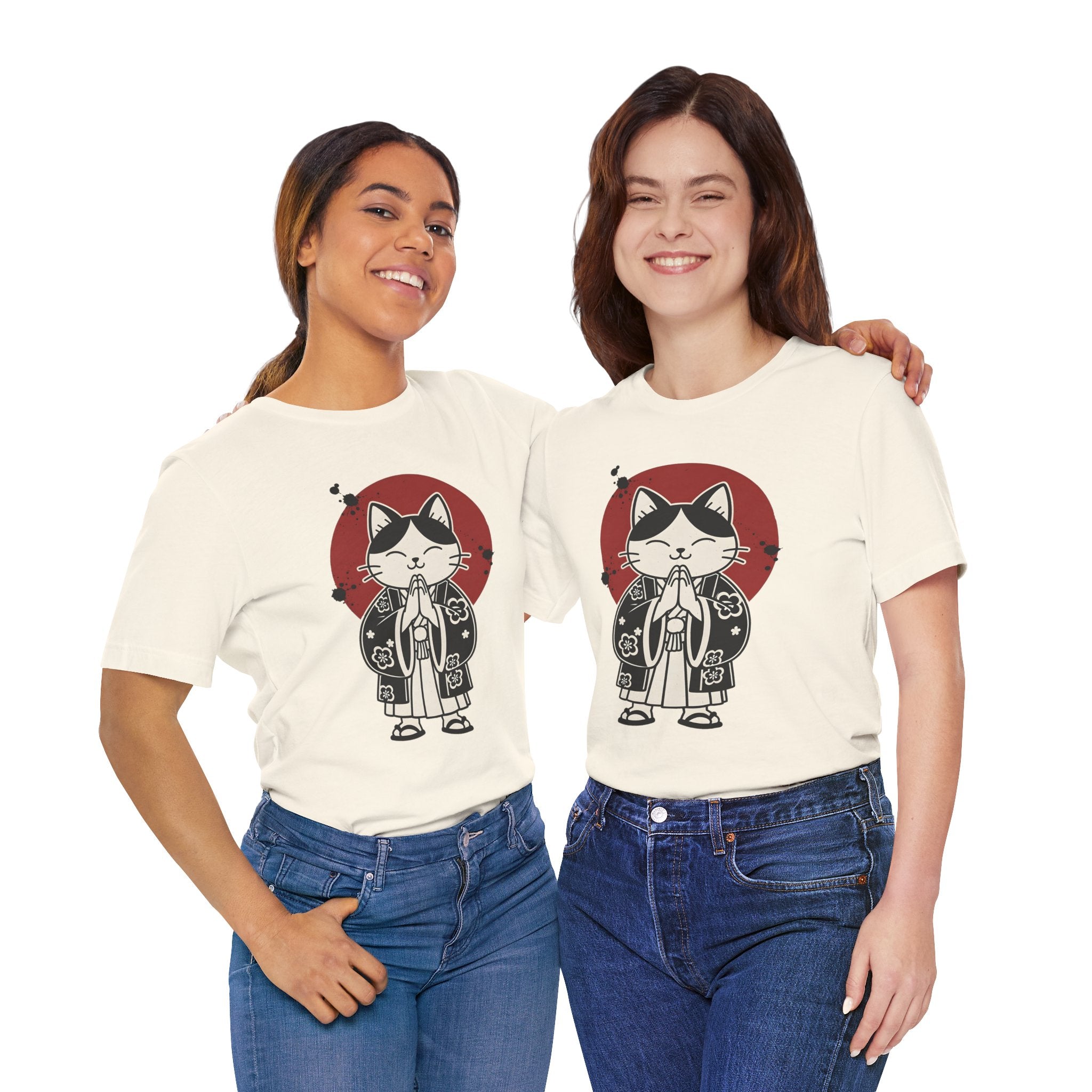 Samurai Cat T‑Shirt — Cute Praying Cat with Red Sun Graphic