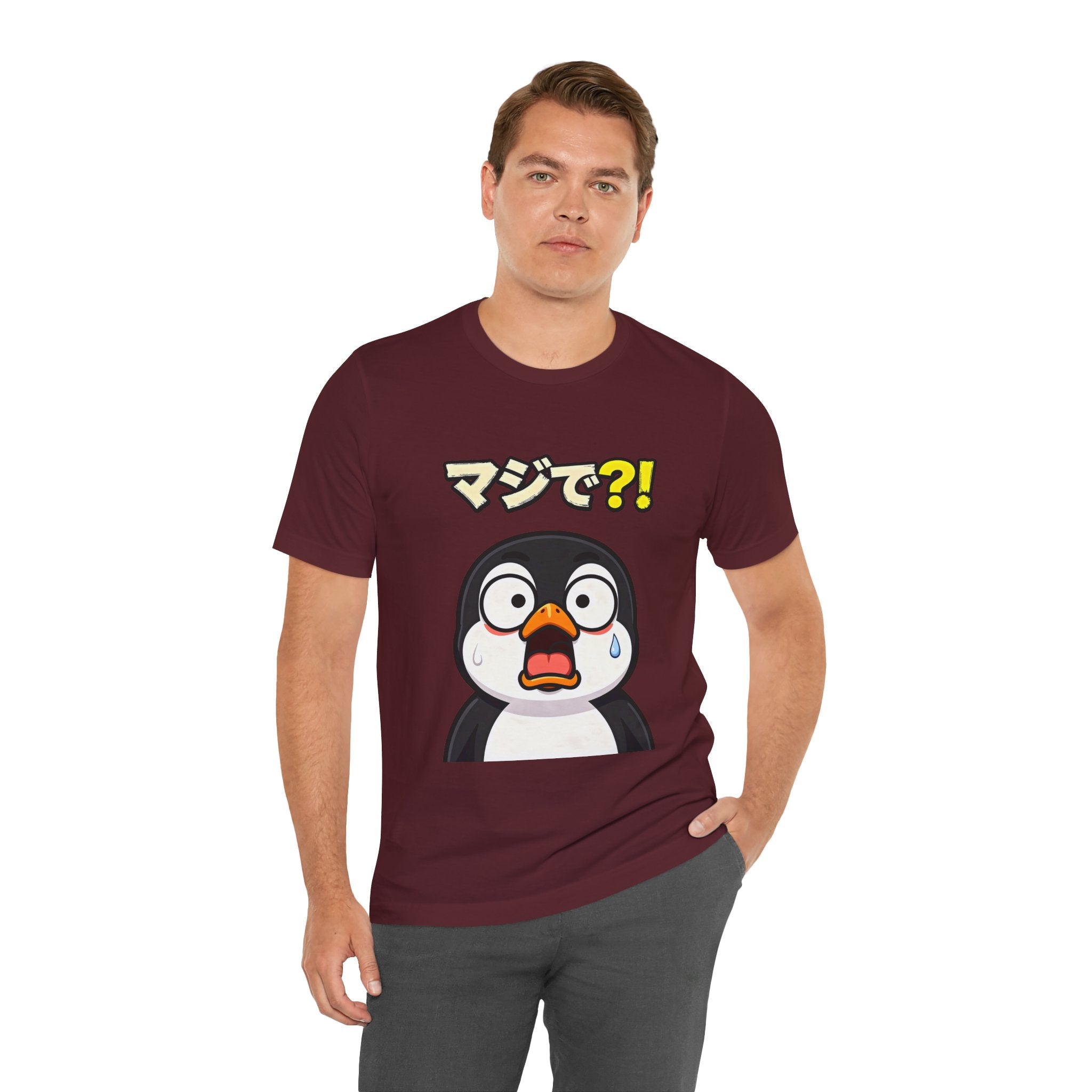 Shocked Penguin Tee — Japanese “マジで?!” Cute Anime-Style Graphic T-Shirt
