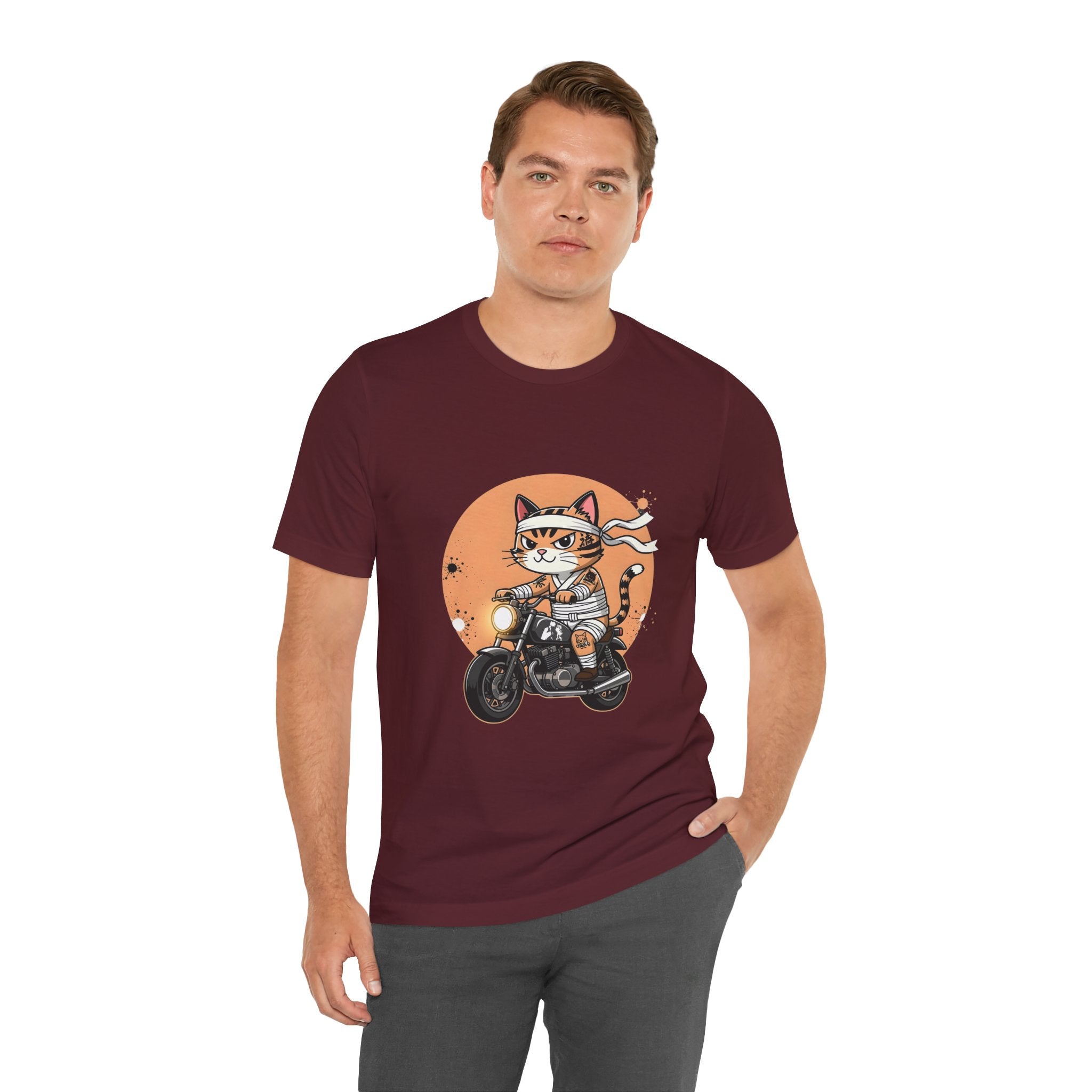 Retro Biker Cat T‑Shirt — Cute Motorcycle Cat Graphic Tee