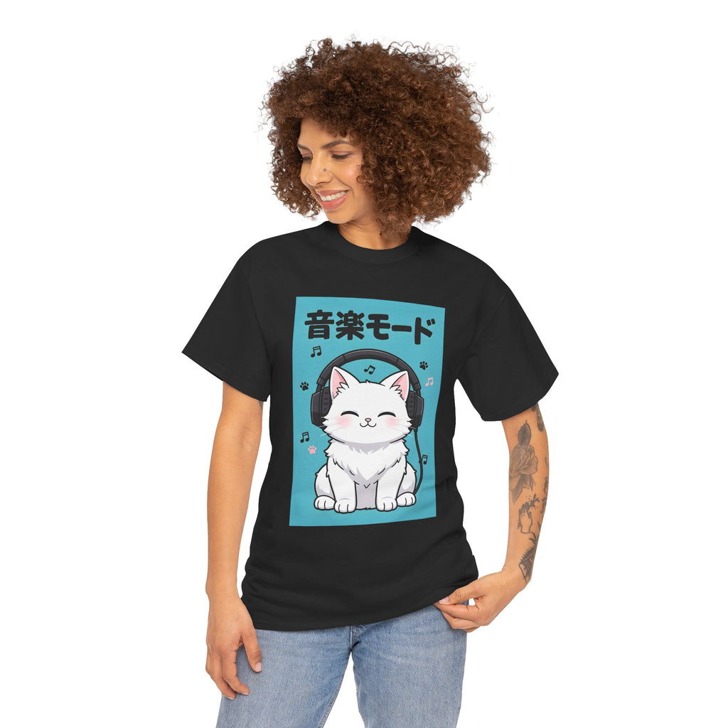 Music Mode Cat T-Shirt — Cute Headphone Kitten Tee (Japanese Text)