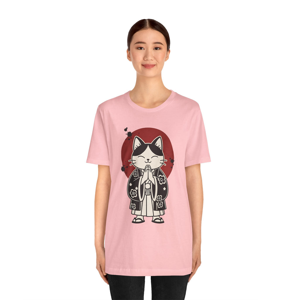 Samurai Cat T‑Shirt — Cute Praying Cat with Red Sun Graphic