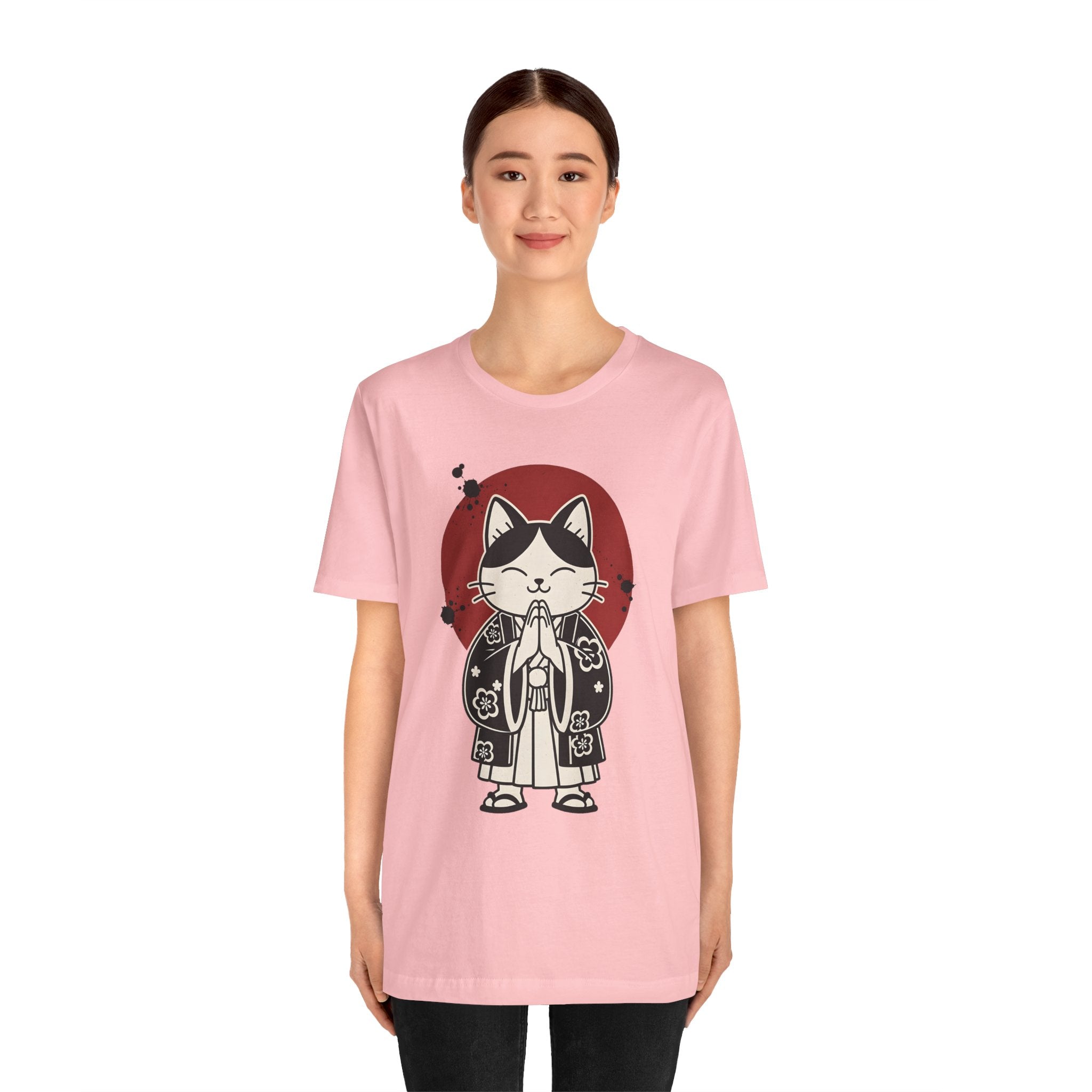 Samurai Cat T‑Shirt — Cute Praying Cat with Red Sun Graphic