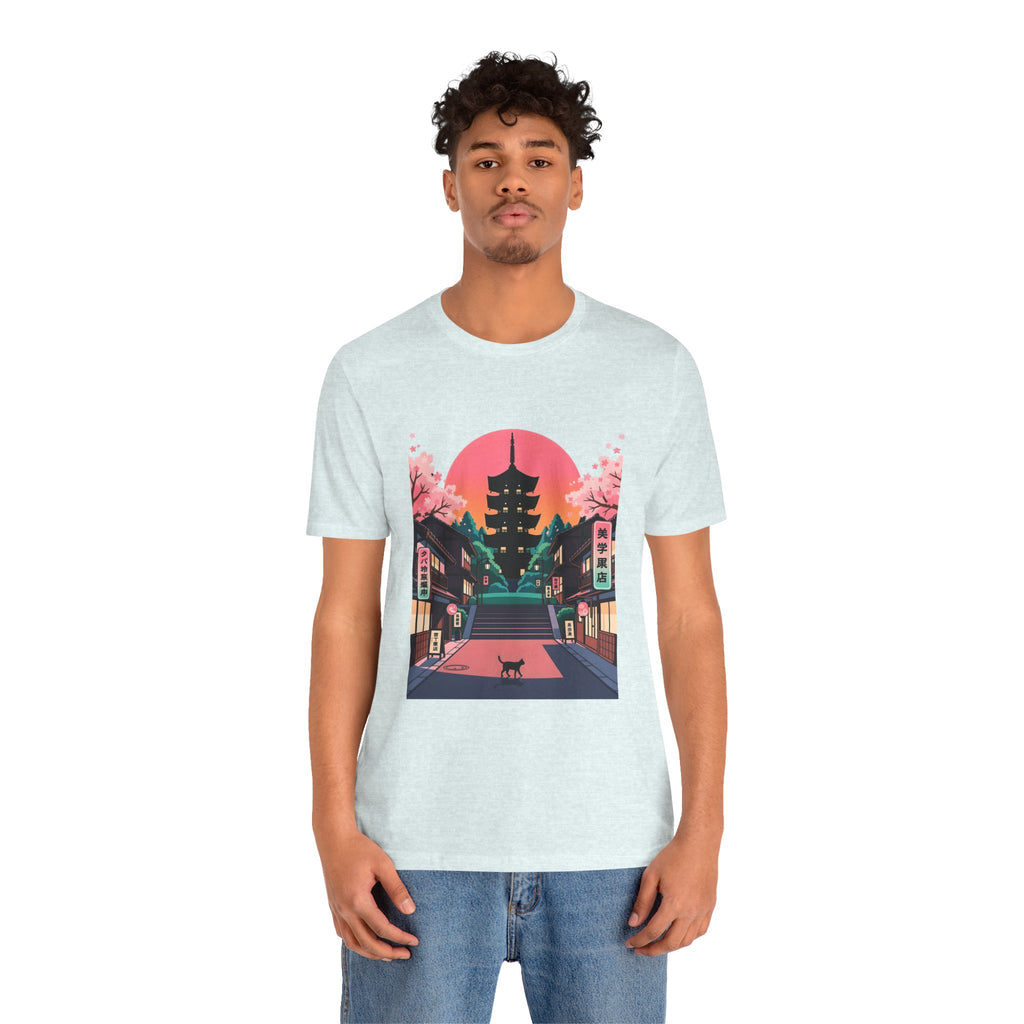 Japanese Pagoda Sunset Tee — Sakura Street Cat Graphic T-Shirt