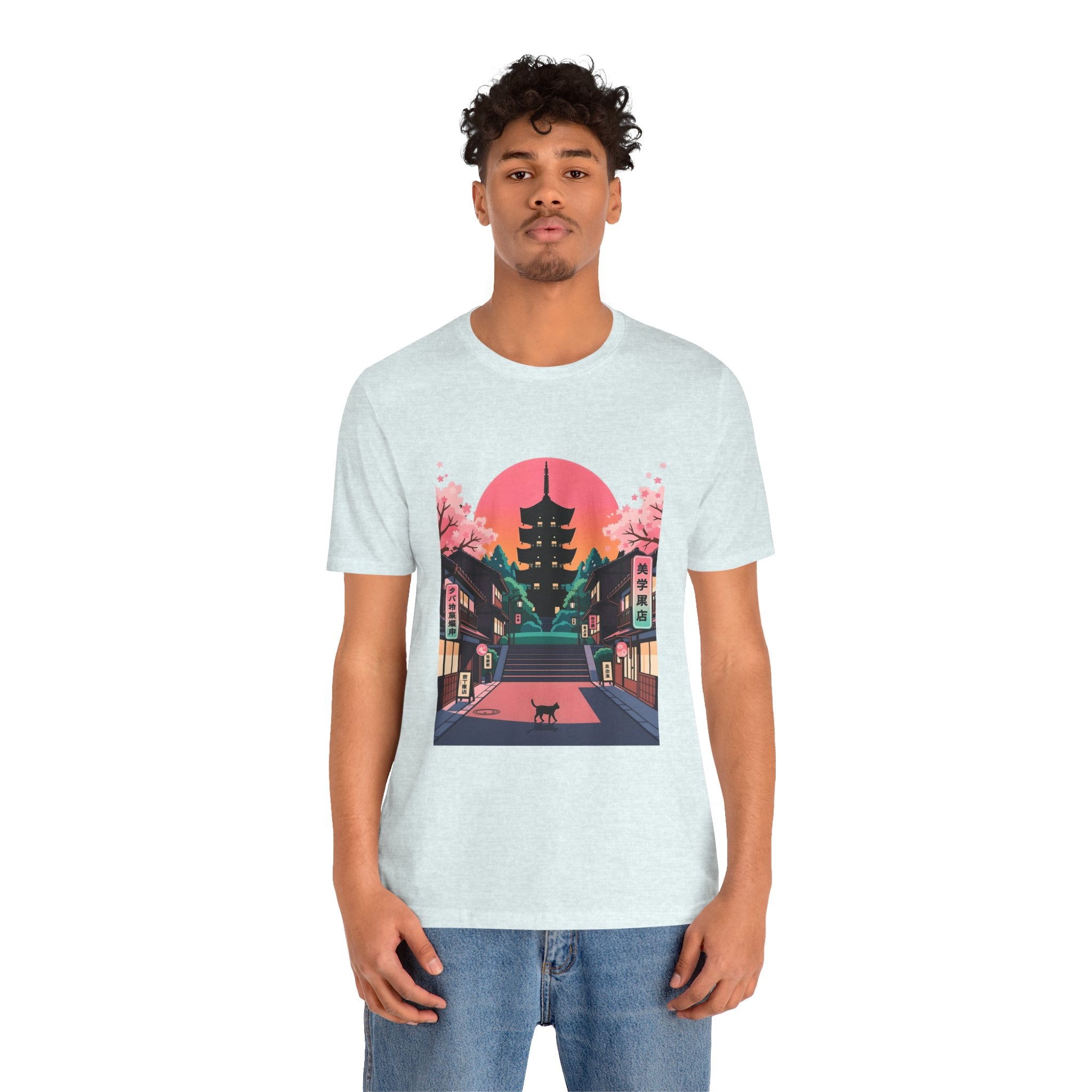 Japanese Pagoda Sunset Tee — Sakura Street Cat Graphic T-Shirt