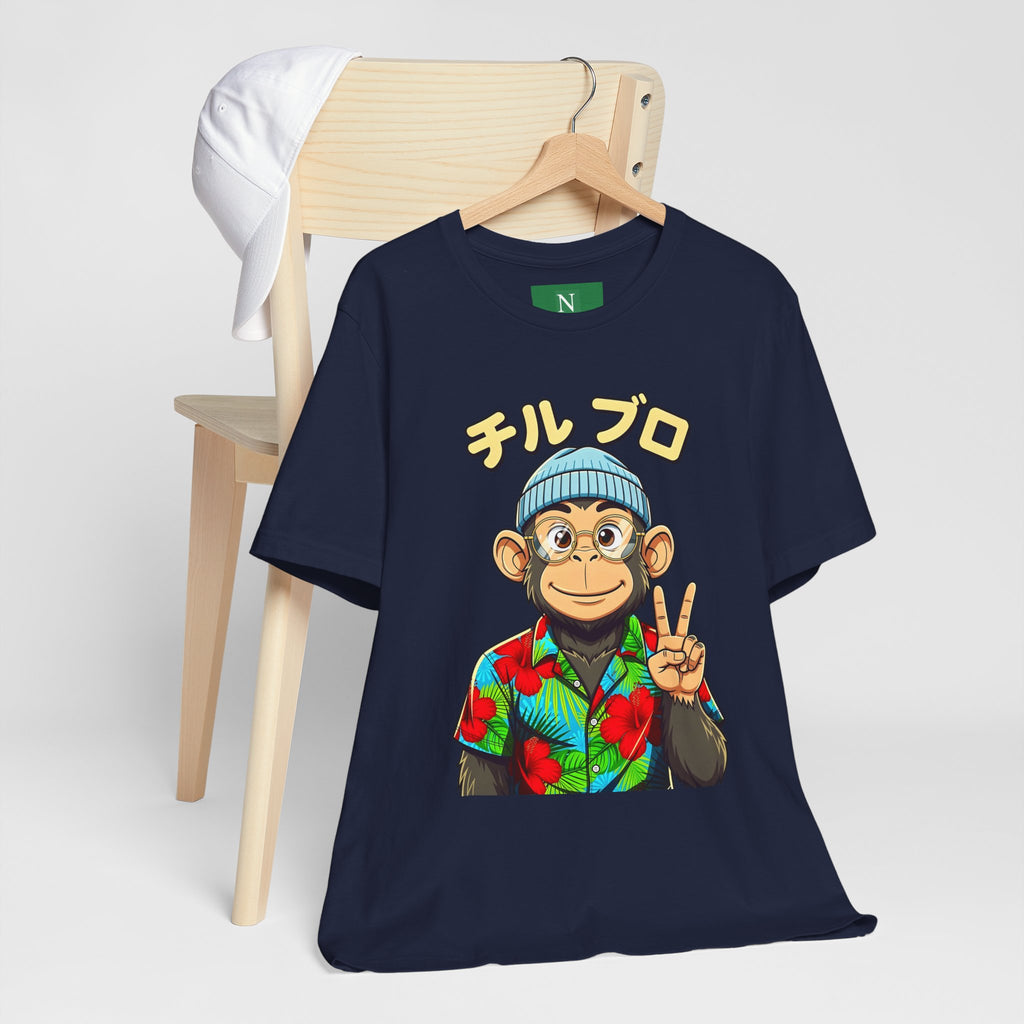 Monkey Peace Sign Tee — Hawaiian Shirt Chimp Graphic with Japanese Text