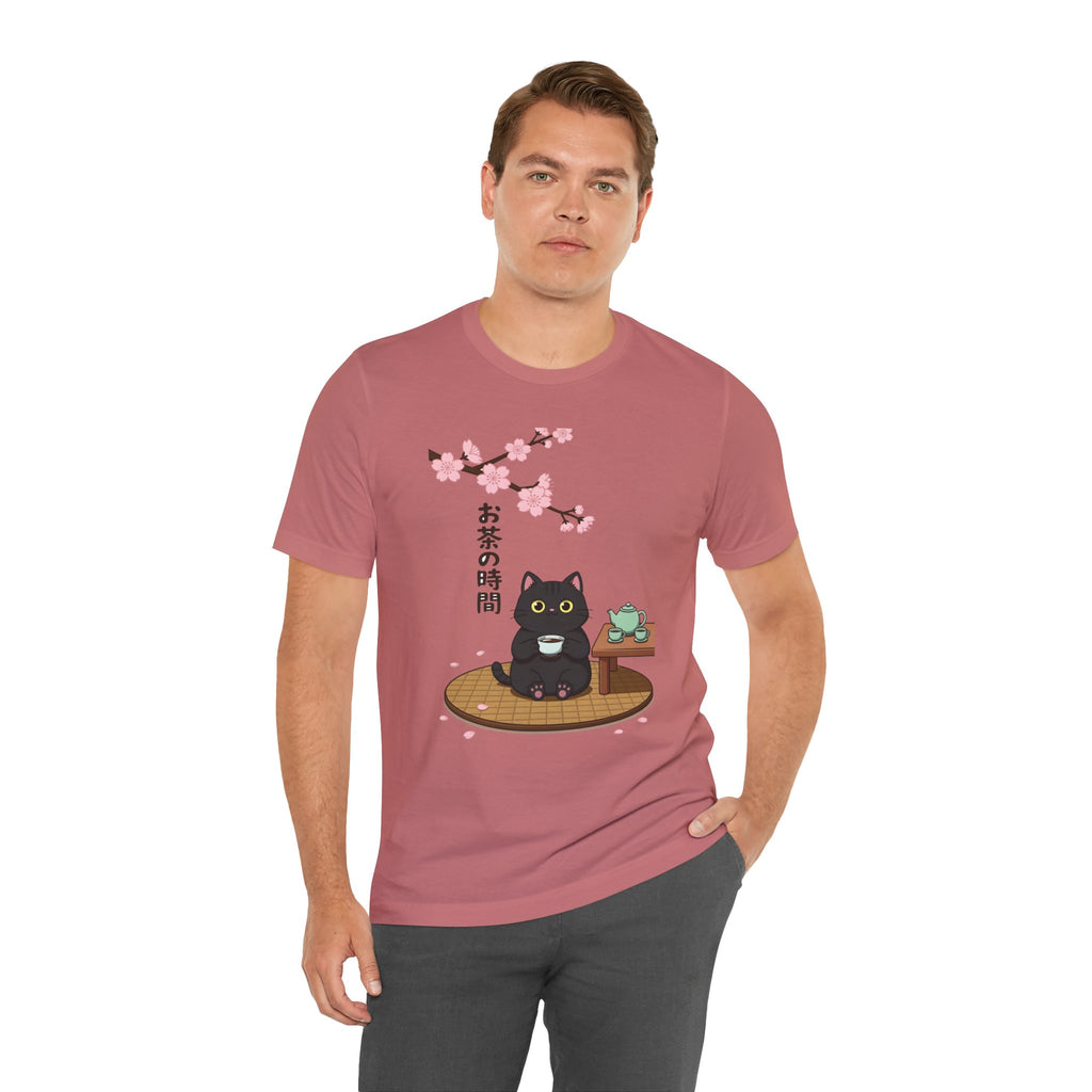 Cat Tea Time T-Shirt — Kawaii Black Cat with Sakura and Teapot