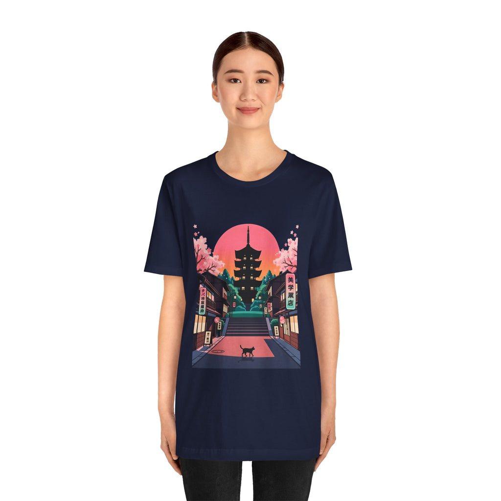 Japanese Pagoda Sunset Tee — Sakura Street Cat Graphic T-Shirt