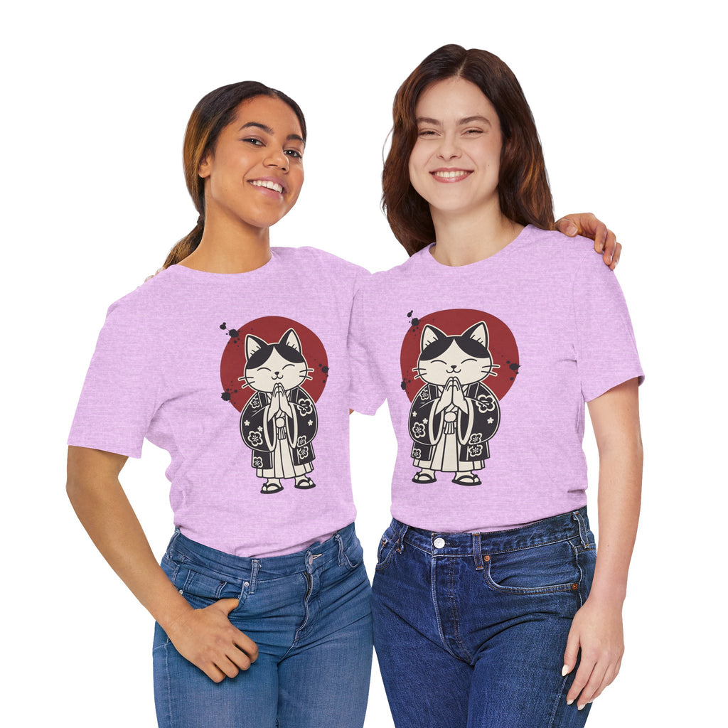 Samurai Cat T‑Shirt — Cute Praying Cat with Red Sun Graphic