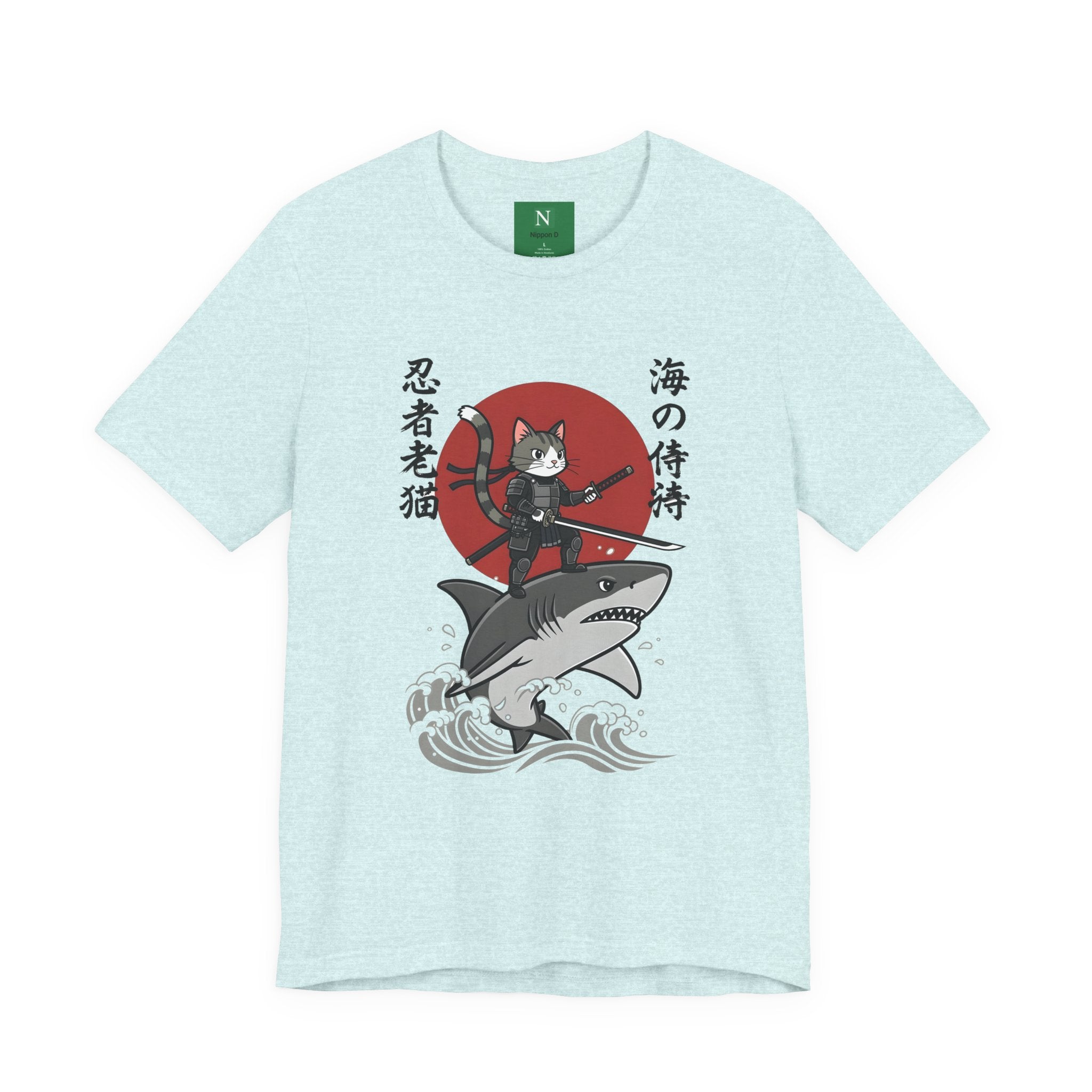 Ninja Cat Riding Shark T‑Shirt — Japanese Samurai Style Graphic Tee
