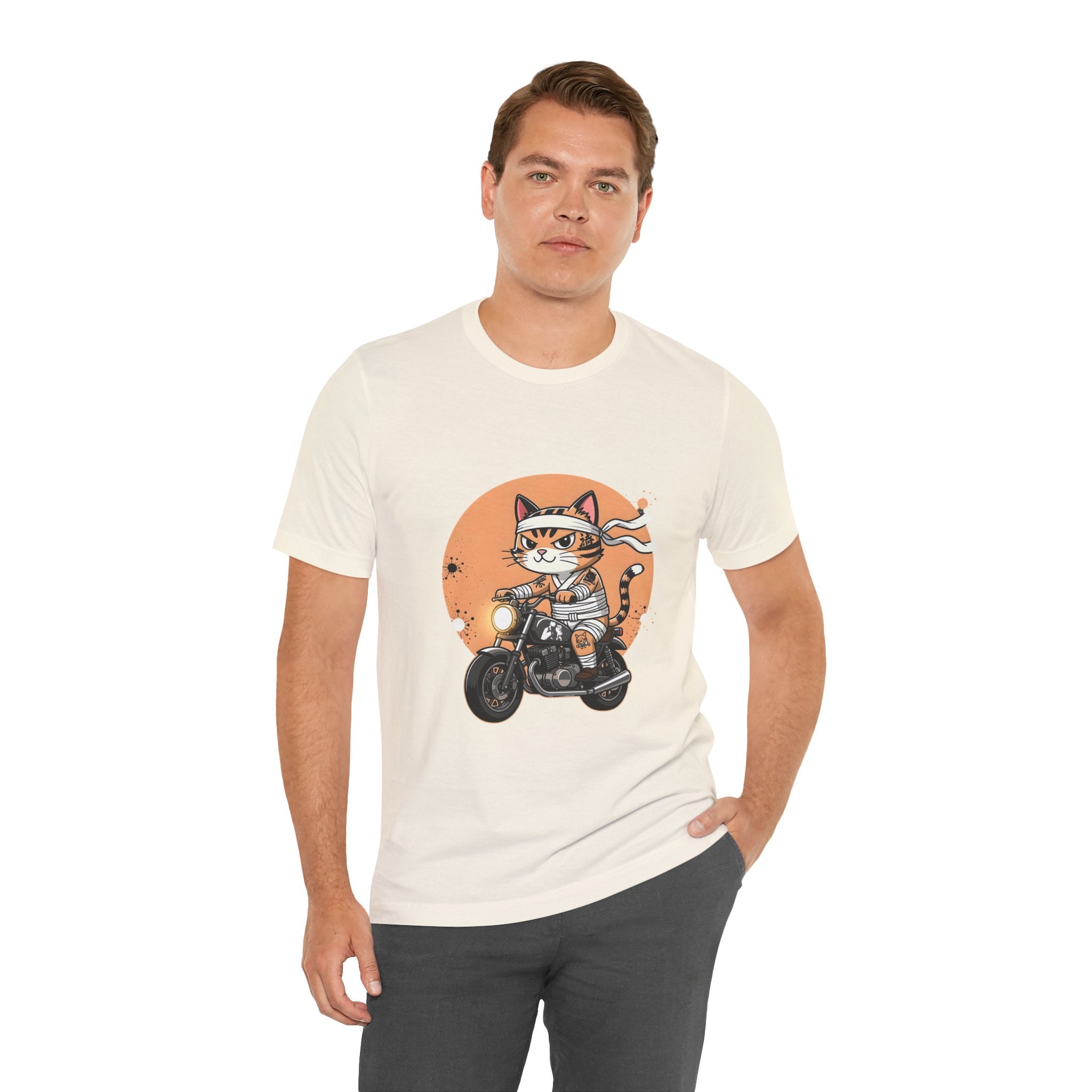Retro Biker Cat T‑Shirt — Cute Motorcycle Cat Graphic Tee