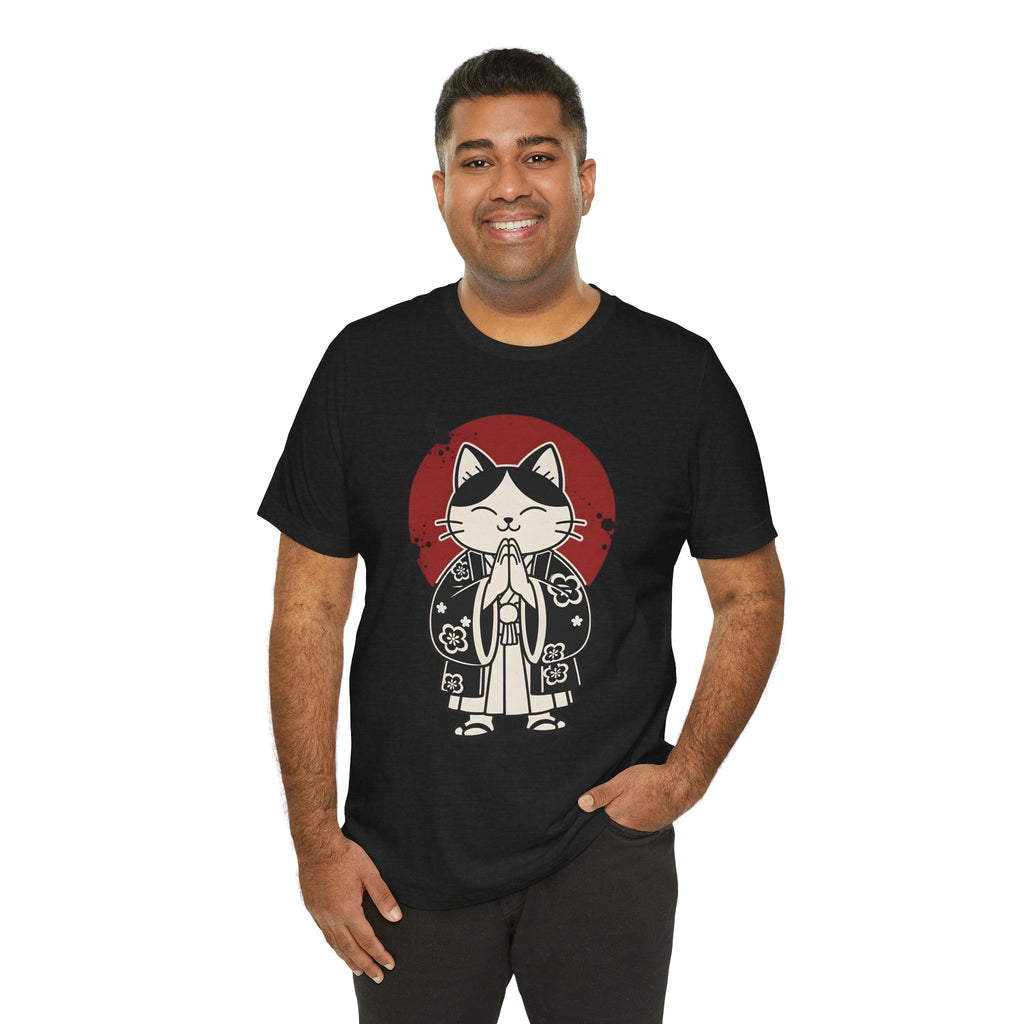 Samurai Cat T‑Shirt — Cute Praying Cat with Red Sun Graphic