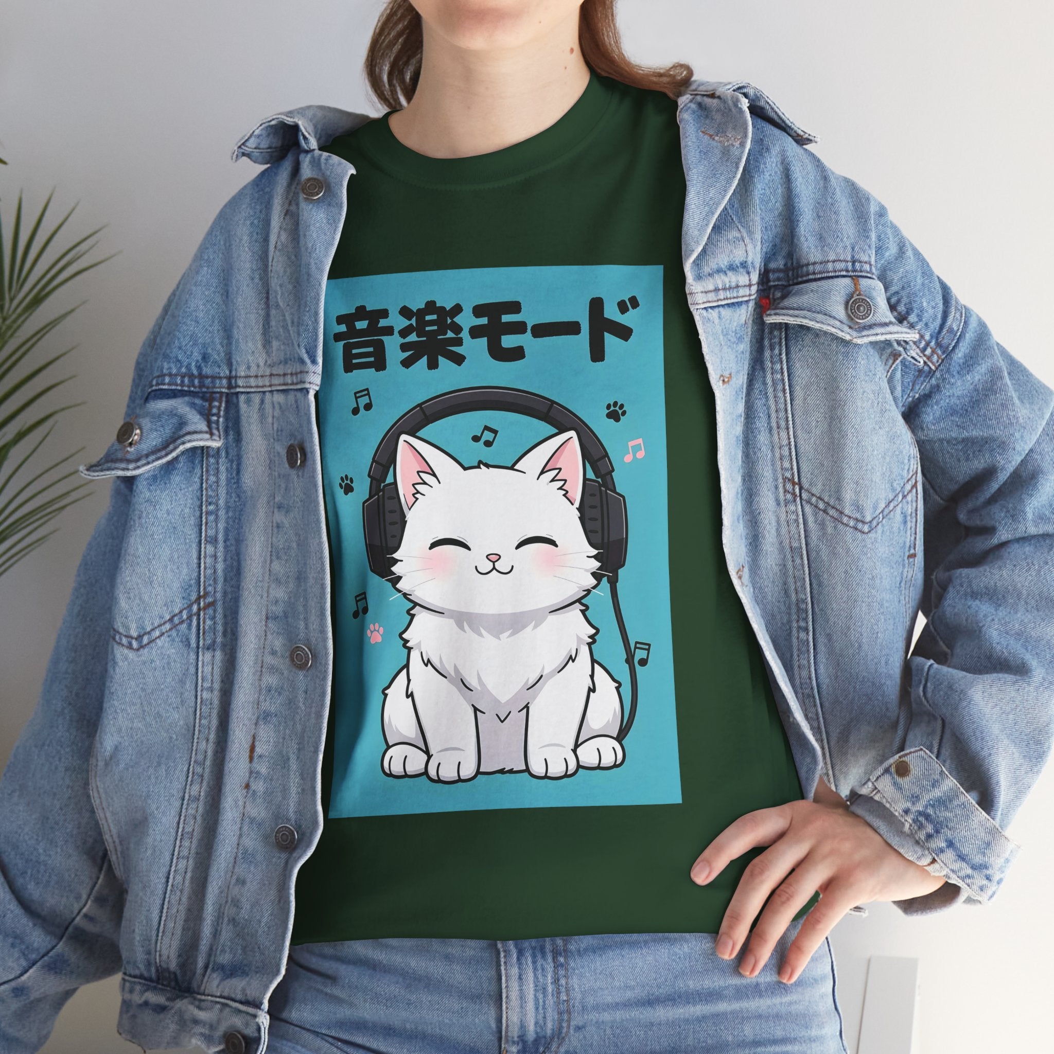 Music Mode Cat T-Shirt — Cute Headphone Kitten Tee (Japanese Text)