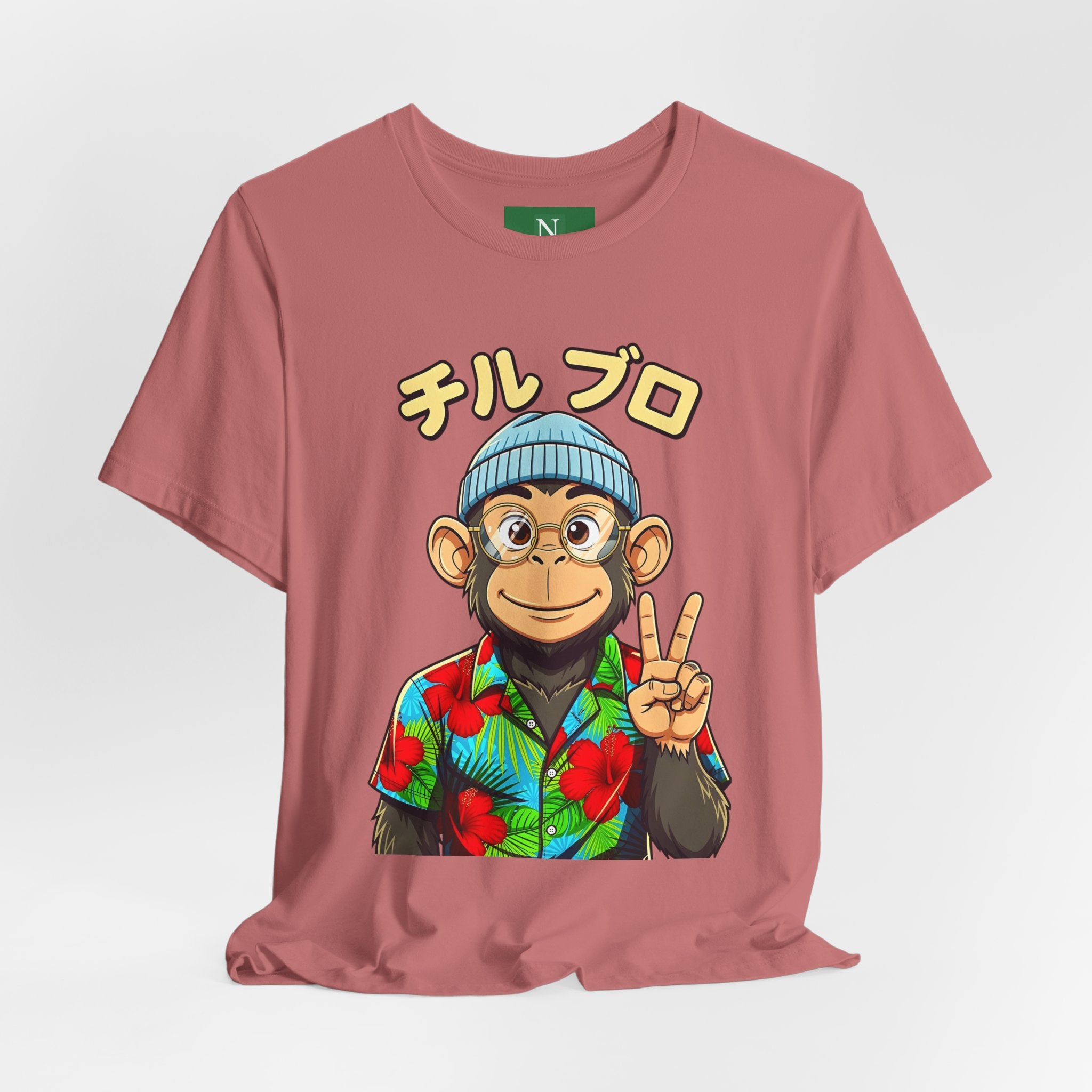 Monkey Peace Sign Tee — Hawaiian Shirt Chimp Graphic with Japanese Text