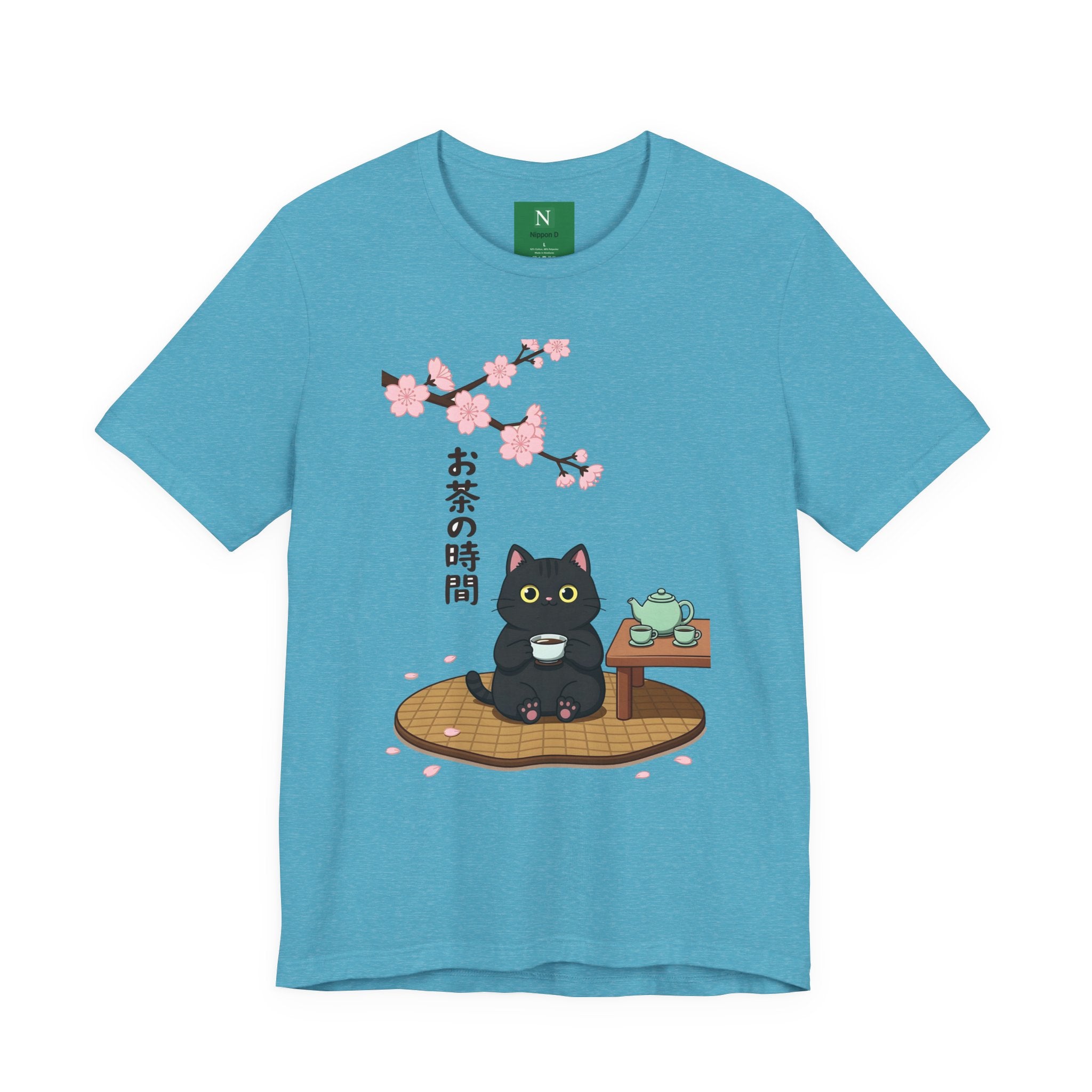 Cat Tea Time T-Shirt — Kawaii Black Cat with Sakura and Teapot