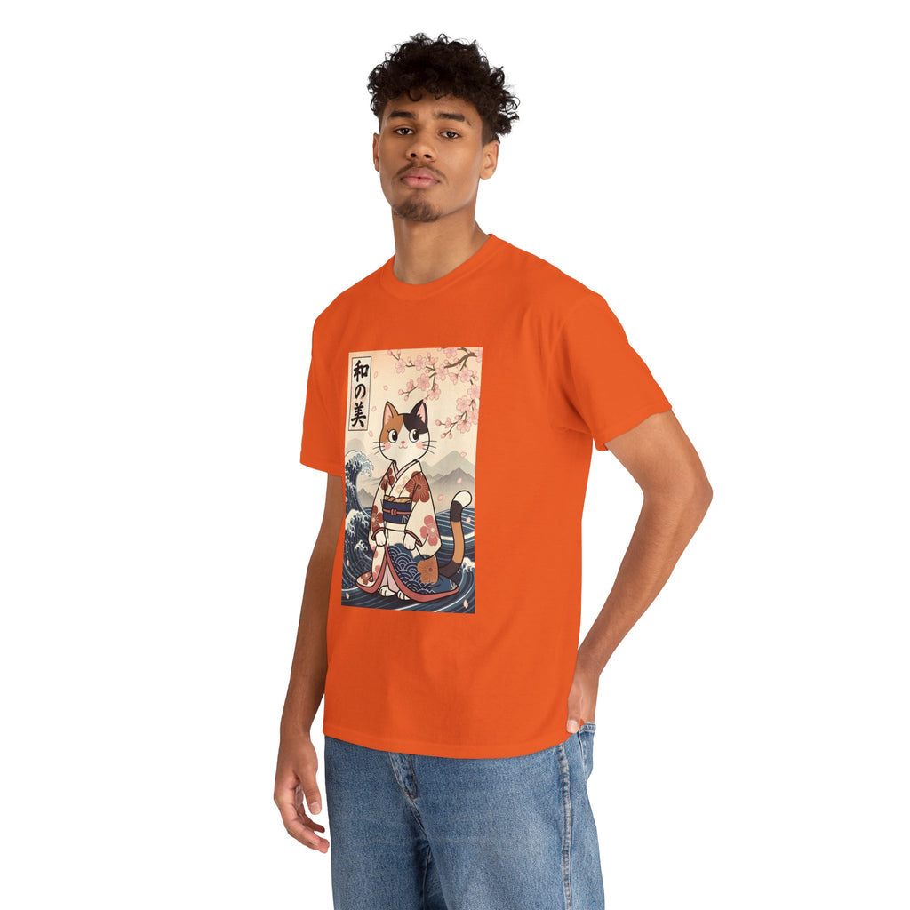 Cat Ukiyo-e T-Shirt — Vintage Japanese Kimono Cat with Cherry Blossoms