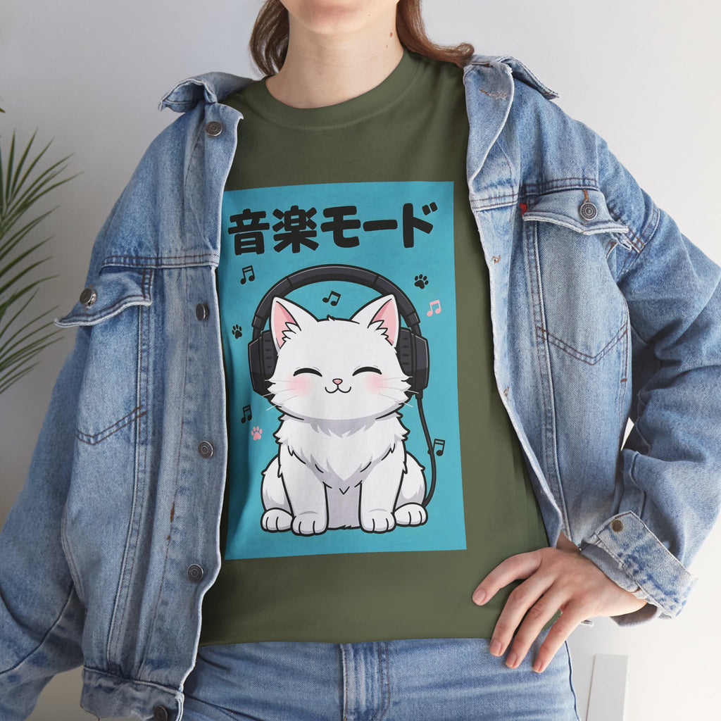 Music Mode Cat T-Shirt — Cute Headphone Kitten Tee (Japanese Text)