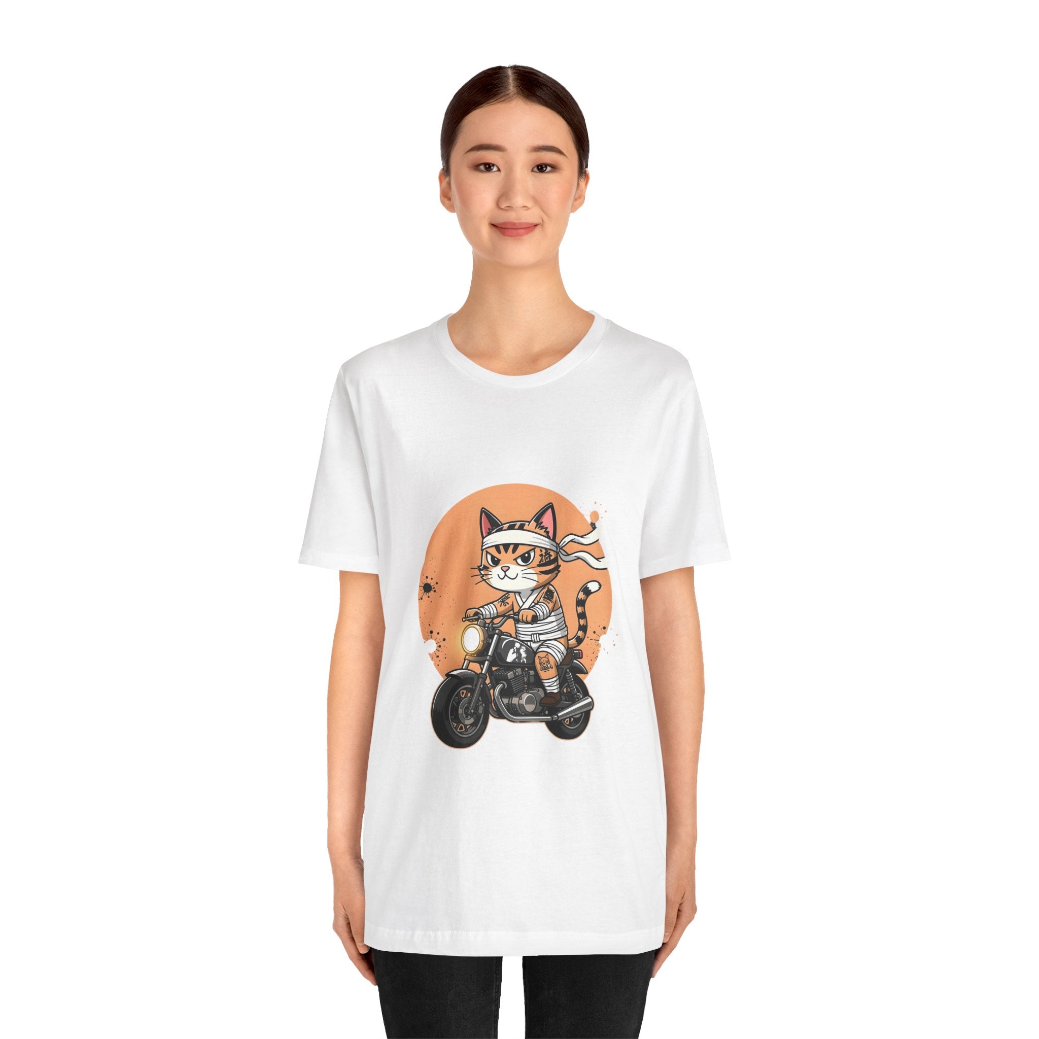Retro Biker Cat T‑Shirt — Cute Motorcycle Cat Graphic Tee