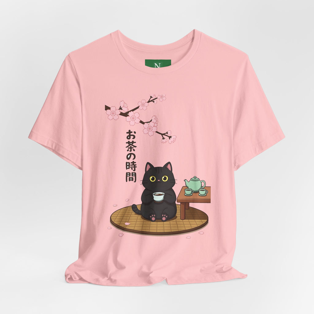 Cat Tea Time T-Shirt — Kawaii Black Cat with Sakura and Teapot
