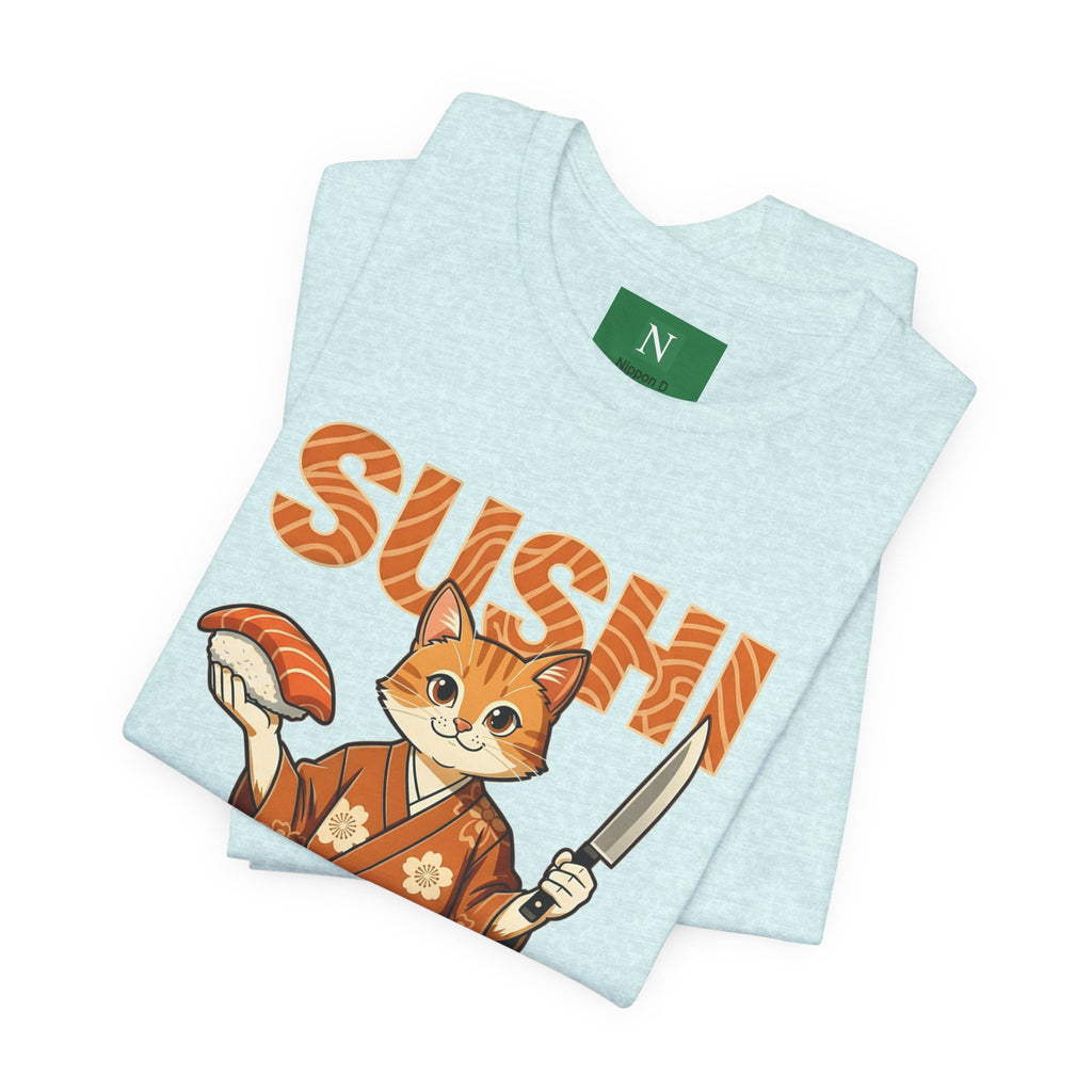 Sushi Cat Graphic Tee — Cute Samurai Cat Holding Sushi & Knife