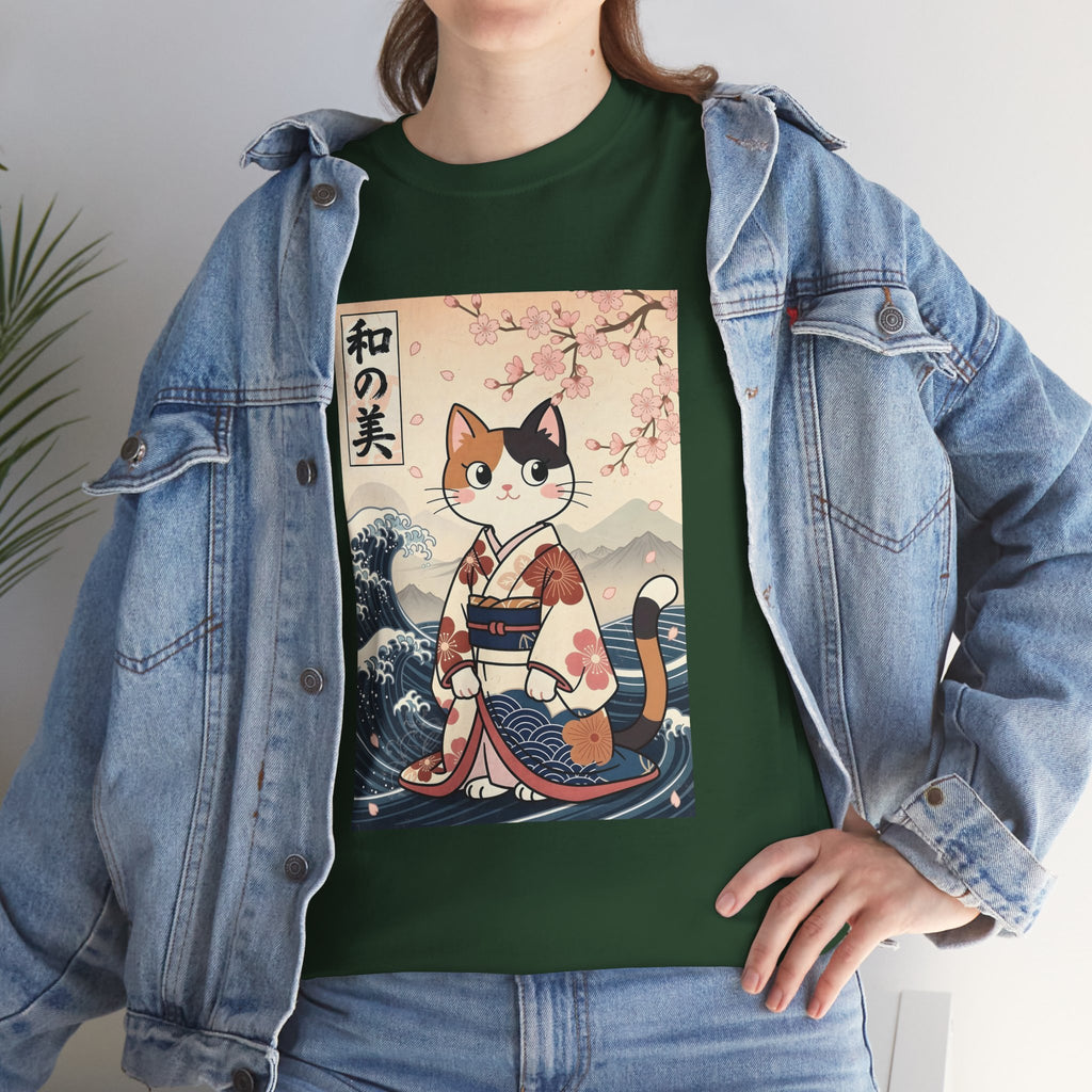 Cat Ukiyo-e T-Shirt — Vintage Japanese Kimono Cat with Cherry Blossoms