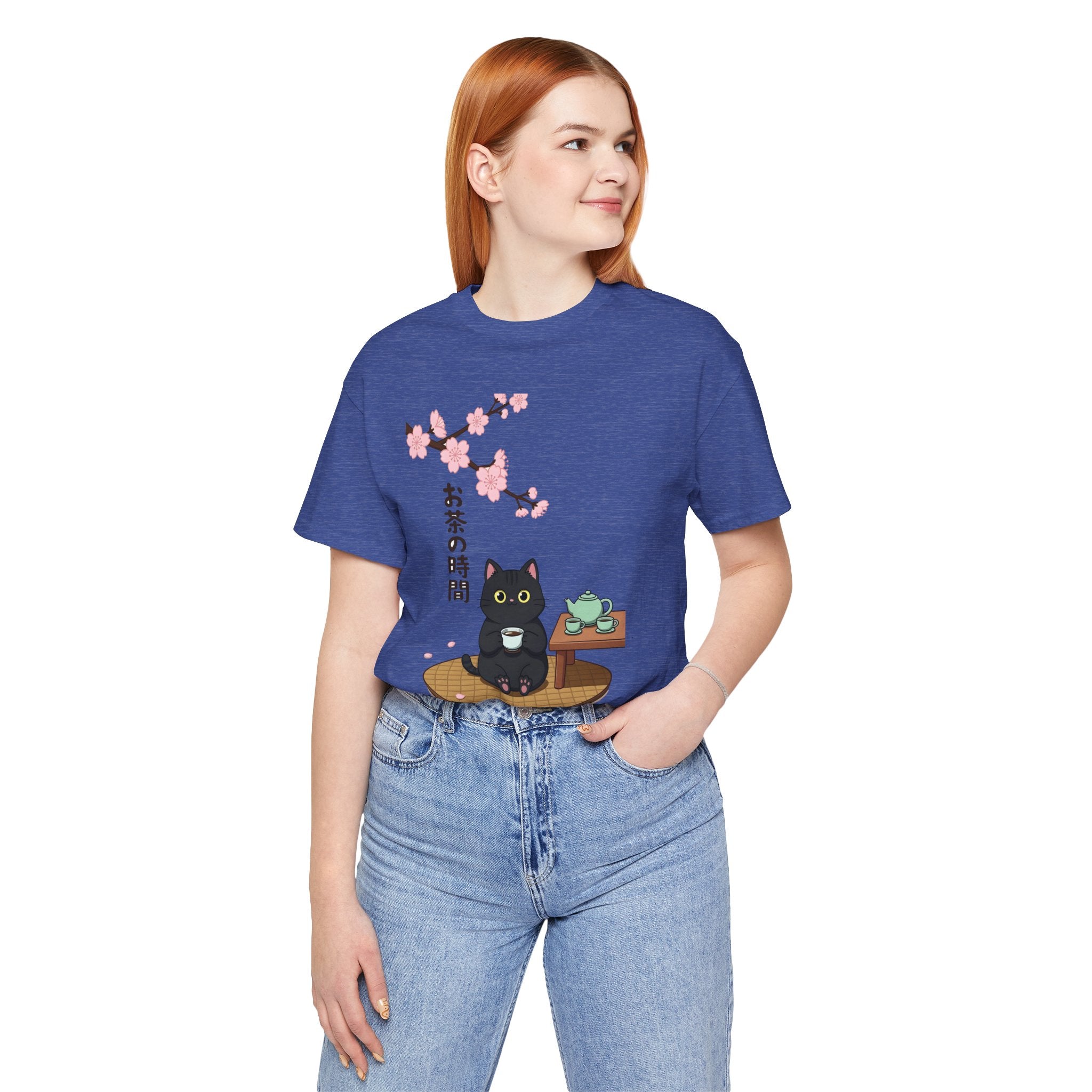 Cat Tea Time T-Shirt — Kawaii Black Cat with Sakura and Teapot