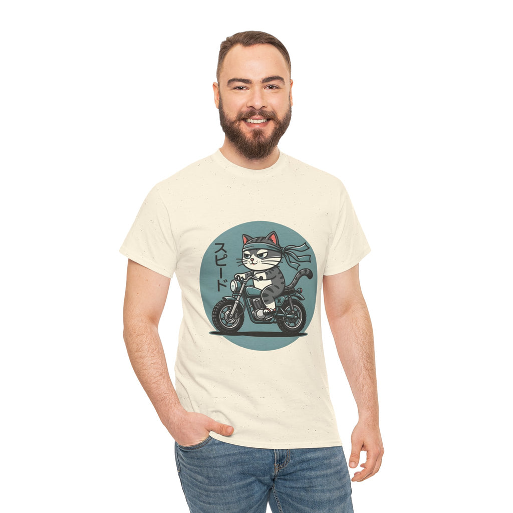 Cat Biker T‑Shirt — Retro Motorcycle Cat with Japanese “Speed” Text