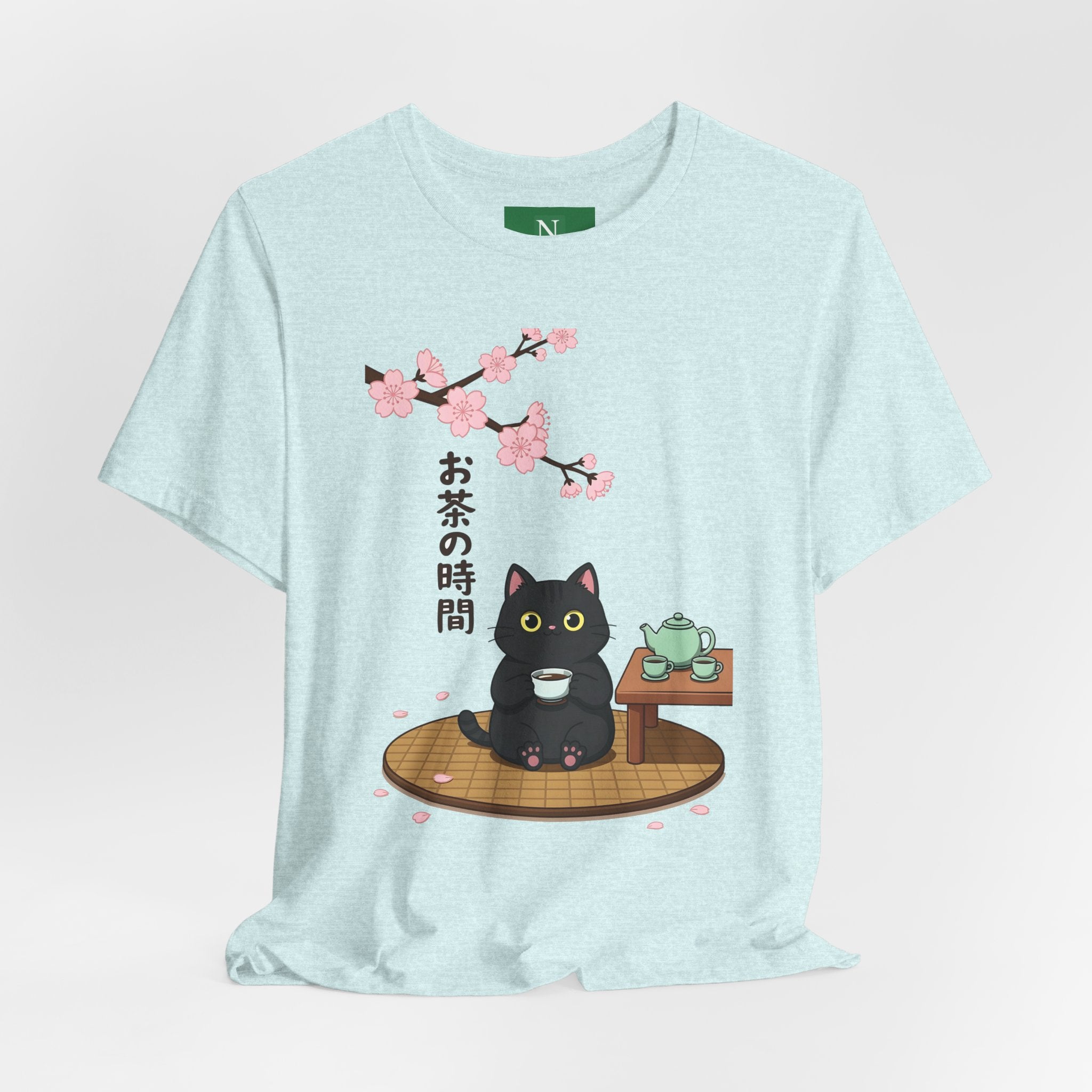 Cat Tea Time T-Shirt — Kawaii Black Cat with Sakura and Teapot