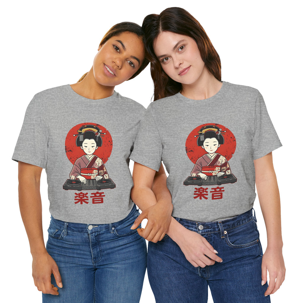 Geisha DJ T-Shirt — Japanese Vinyl Turntable Tee with '楽音' (Music) Design