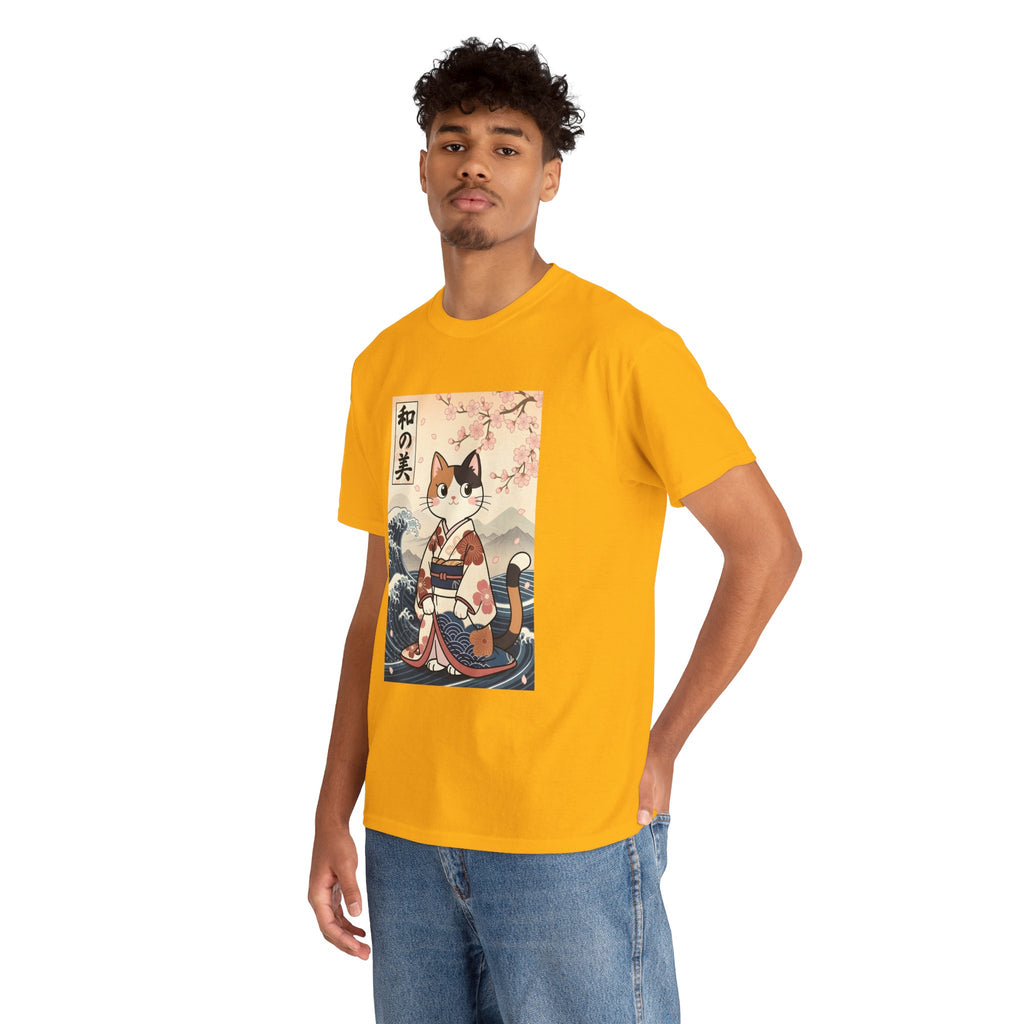 Cat Ukiyo-e T-Shirt — Vintage Japanese Kimono Cat with Cherry Blossoms