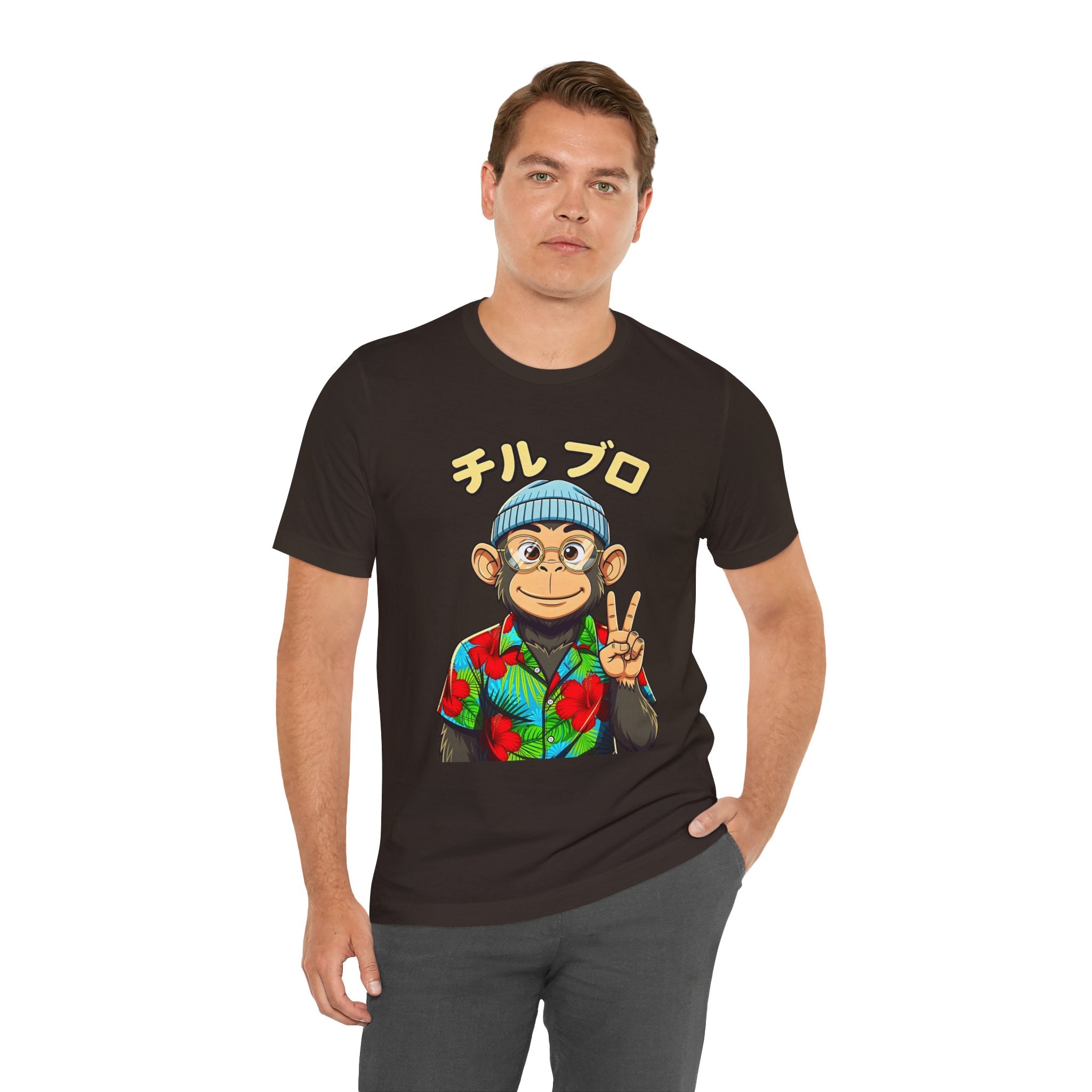 Monkey Peace Sign Tee — Hawaiian Shirt Chimp Graphic with Japanese Text