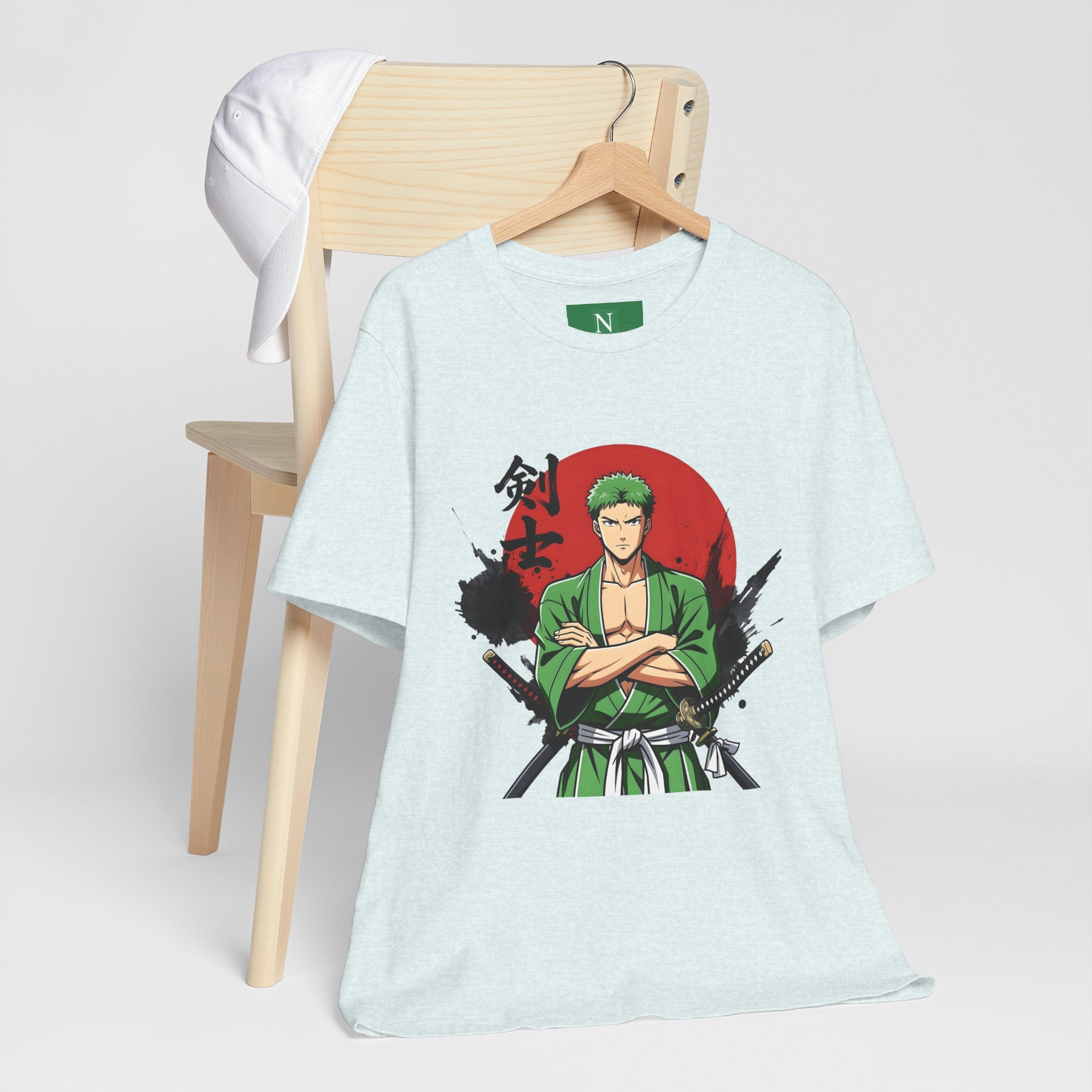 Anime Samurai Tee — Green-Haired Swordsman Graphic T-Shirt