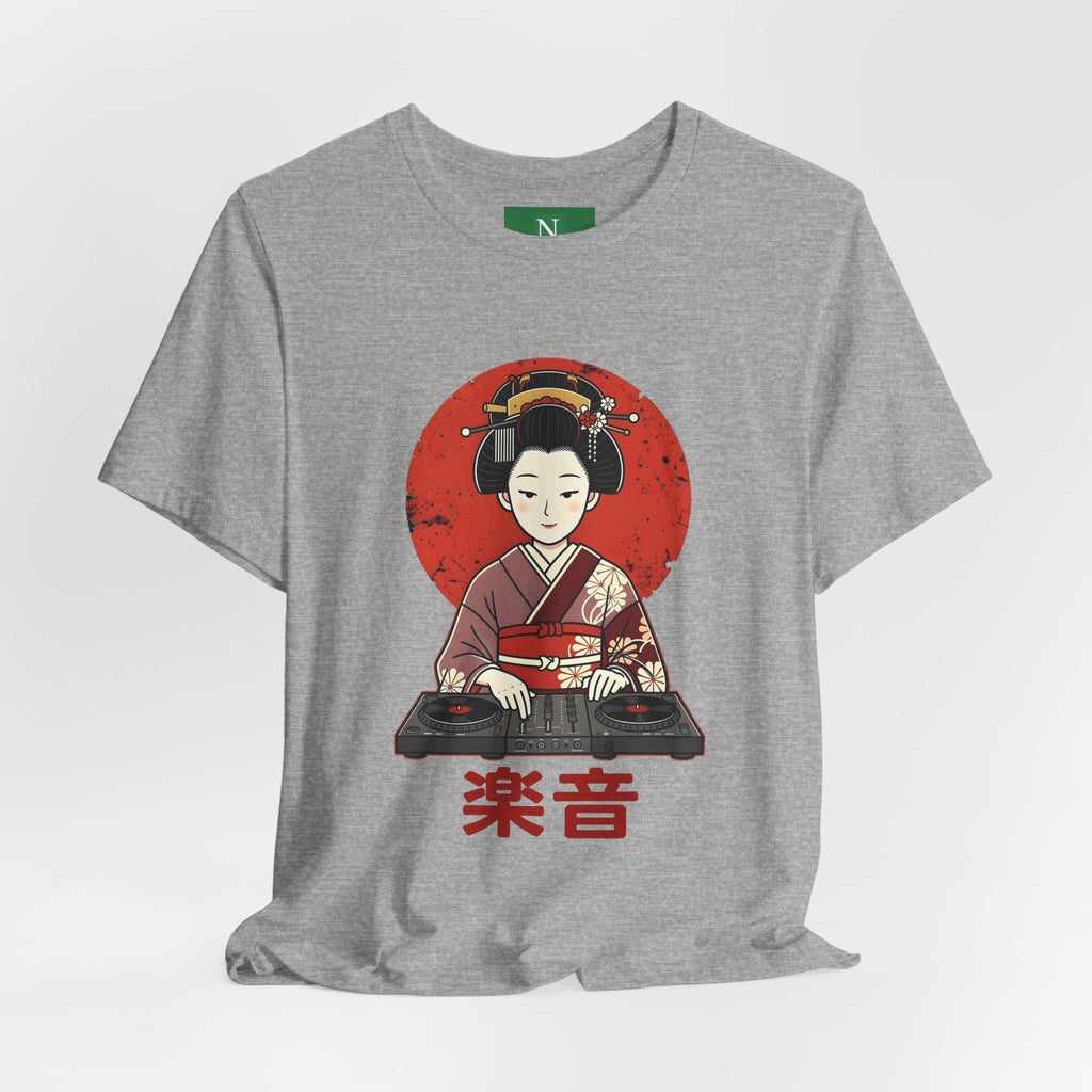 Geisha DJ T-Shirt — Japanese Vinyl Turntable Tee with '楽音' (Music) Design