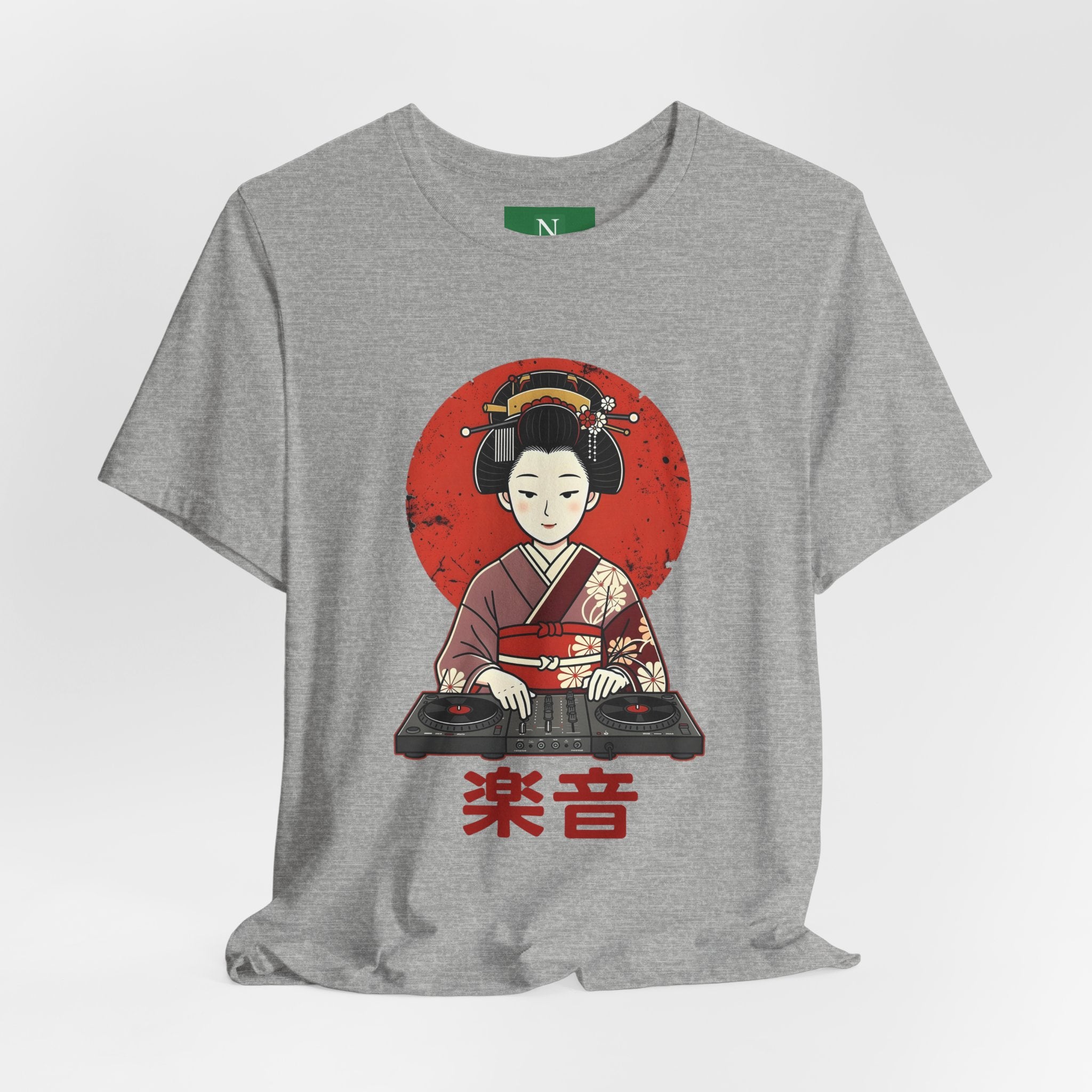 Geisha DJ T-Shirt — Japanese Vinyl Turntable Tee with '楽音' (Music) Design