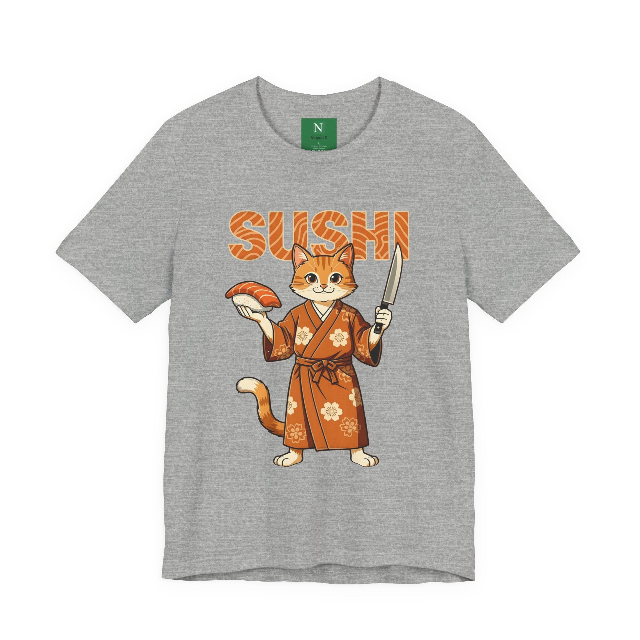 Sushi Cat Graphic Tee — Cute Samurai Cat Holding Sushi & Knife