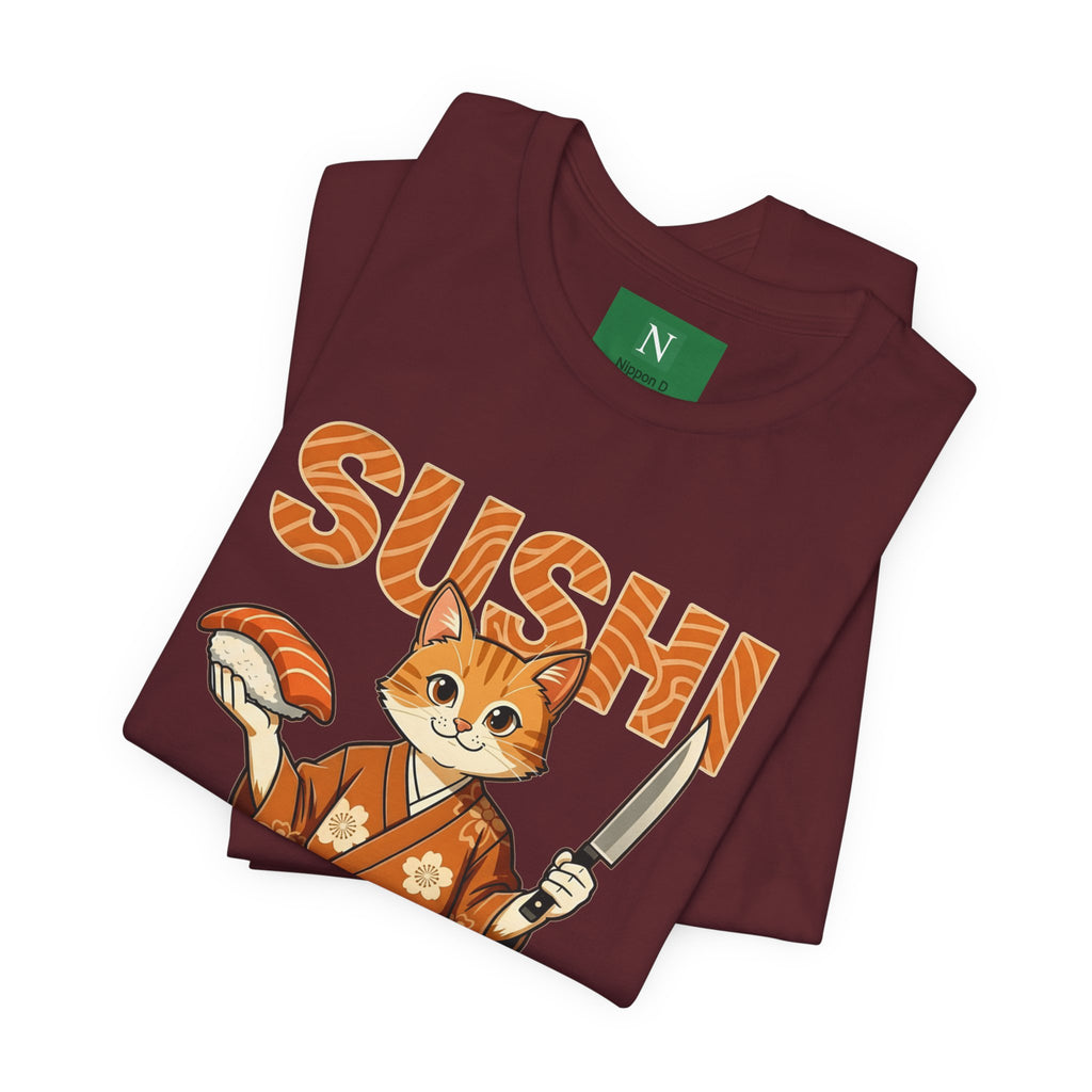 Sushi Cat Graphic Tee — Cute Samurai Cat Holding Sushi & Knife