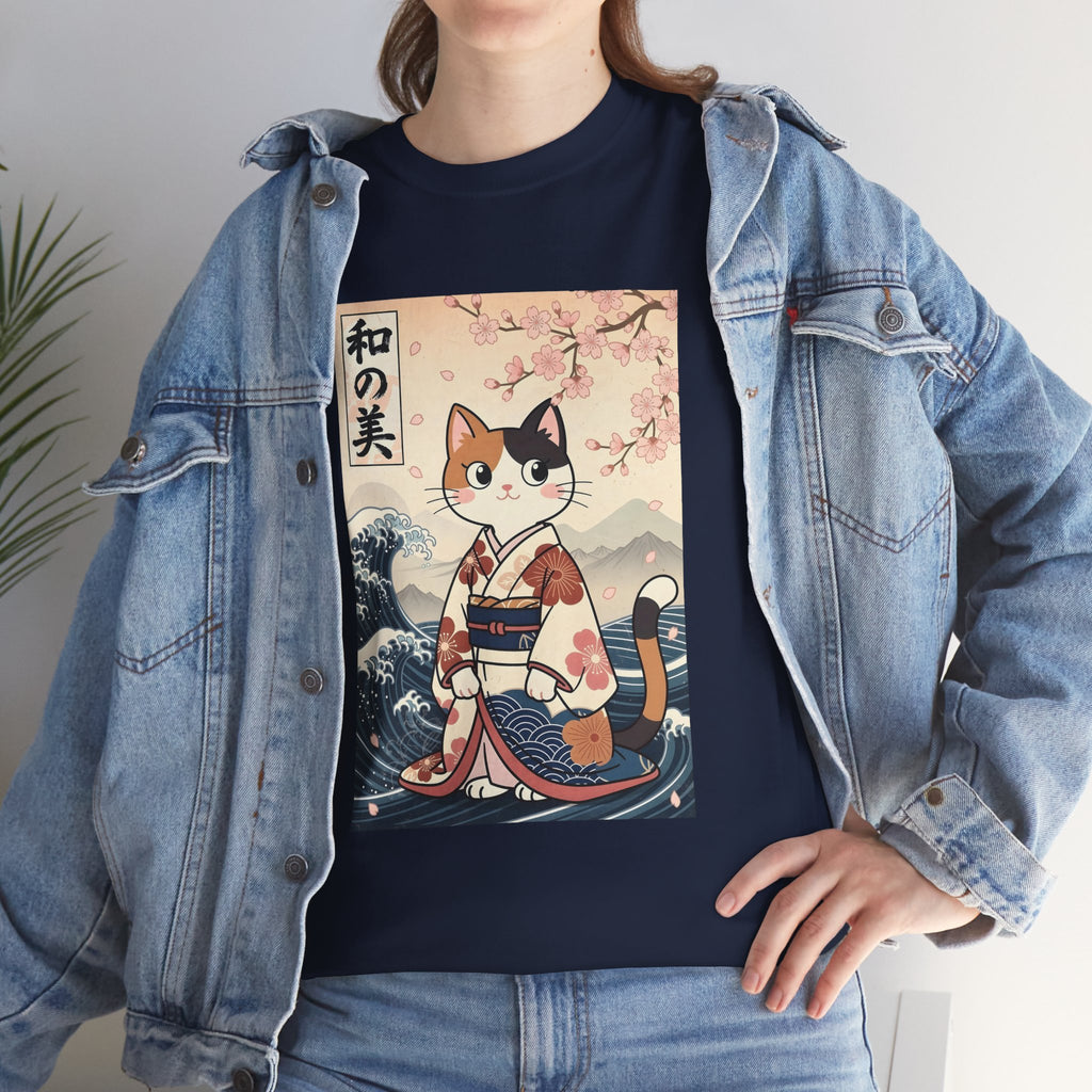 Cat Ukiyo-e T-Shirt — Vintage Japanese Kimono Cat with Cherry Blossoms