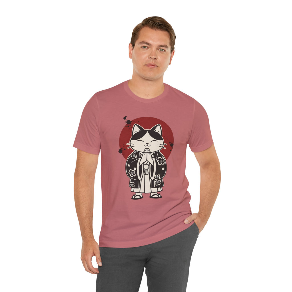 Samurai Cat T‑Shirt — Cute Praying Cat with Red Sun Graphic