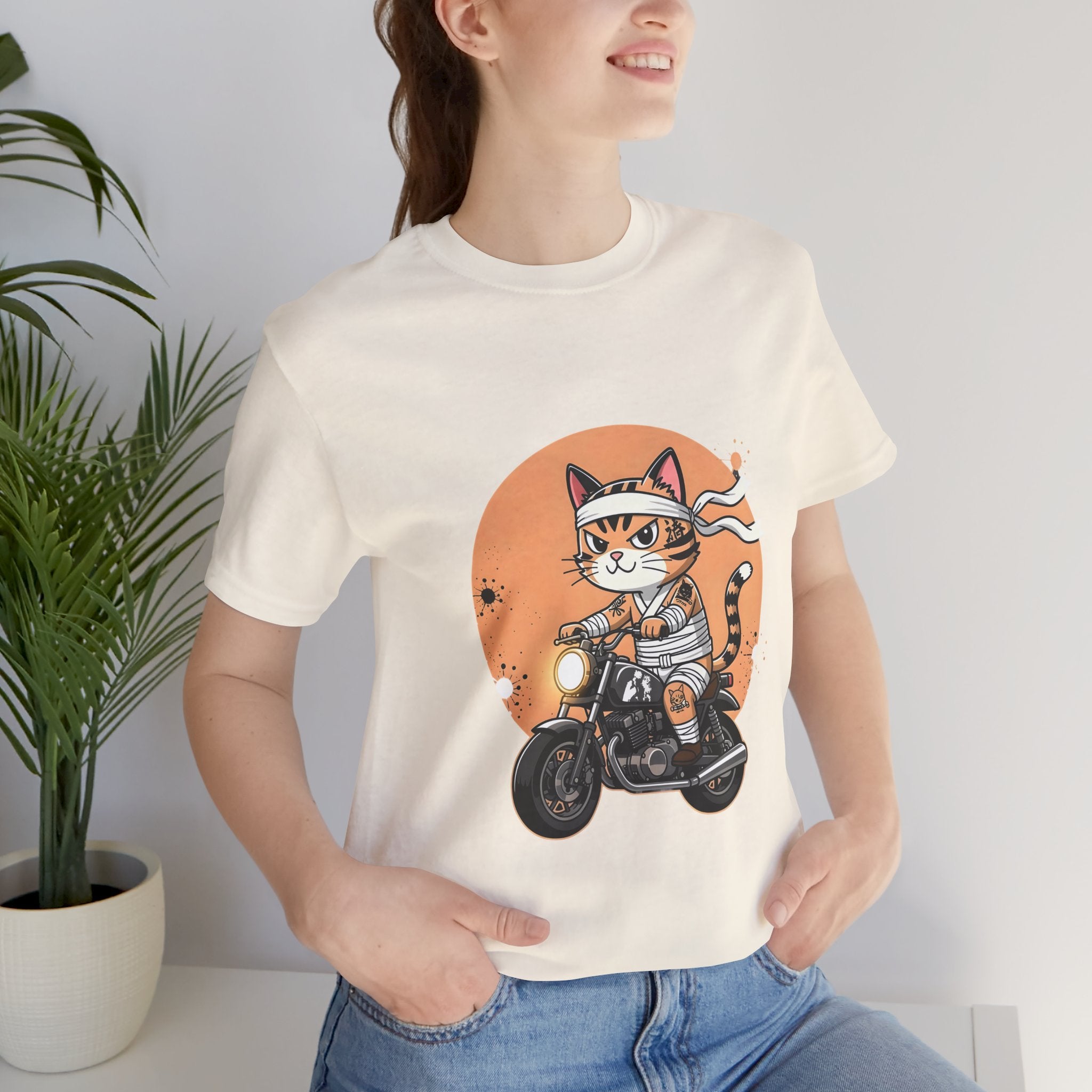 Retro Biker Cat T‑Shirt — Cute Motorcycle Cat Graphic Tee