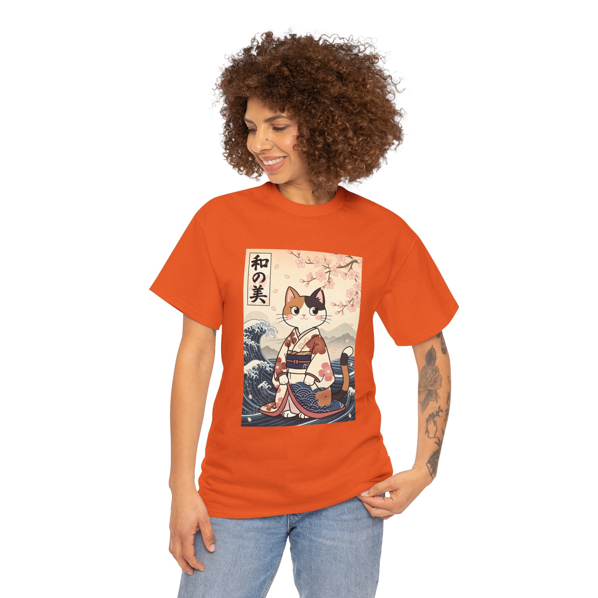 Cat Ukiyo-e T-Shirt — Vintage Japanese Kimono Cat with Cherry Blossoms