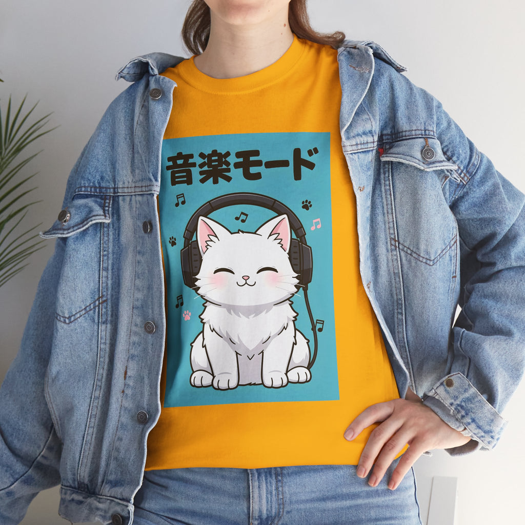 Music Mode Cat T-Shirt — Cute Headphone Kitten Tee (Japanese Text)