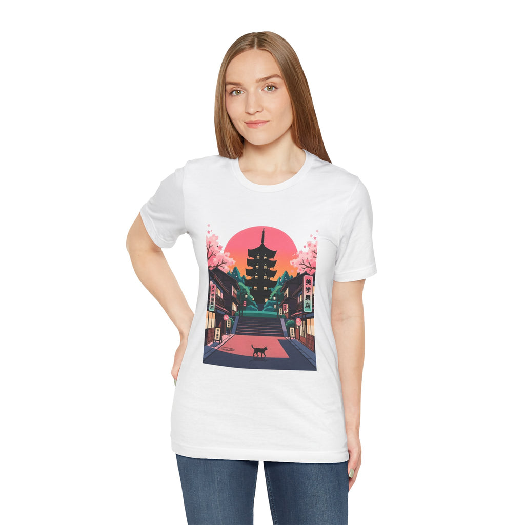 Japanese Pagoda Sunset Tee — Sakura Street Cat Graphic T-Shirt
