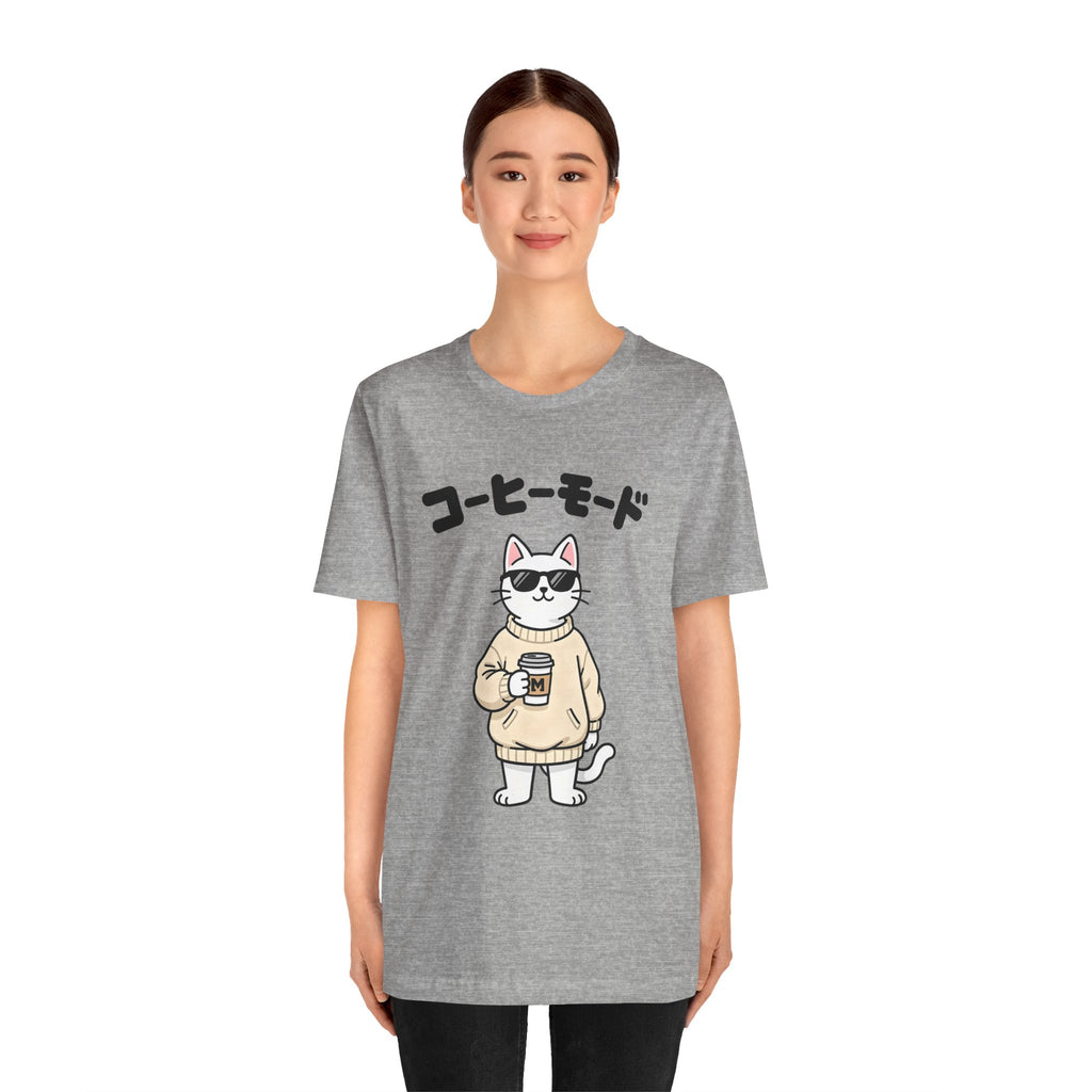 Coffee Mode Cat Tee — Cute Japanese Cat Holding Coffee T-Shirt