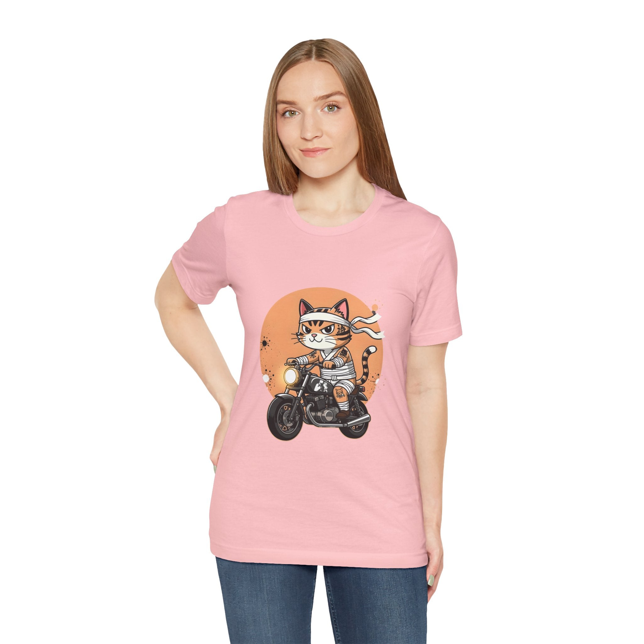 Retro Biker Cat T‑Shirt — Cute Motorcycle Cat Graphic Tee