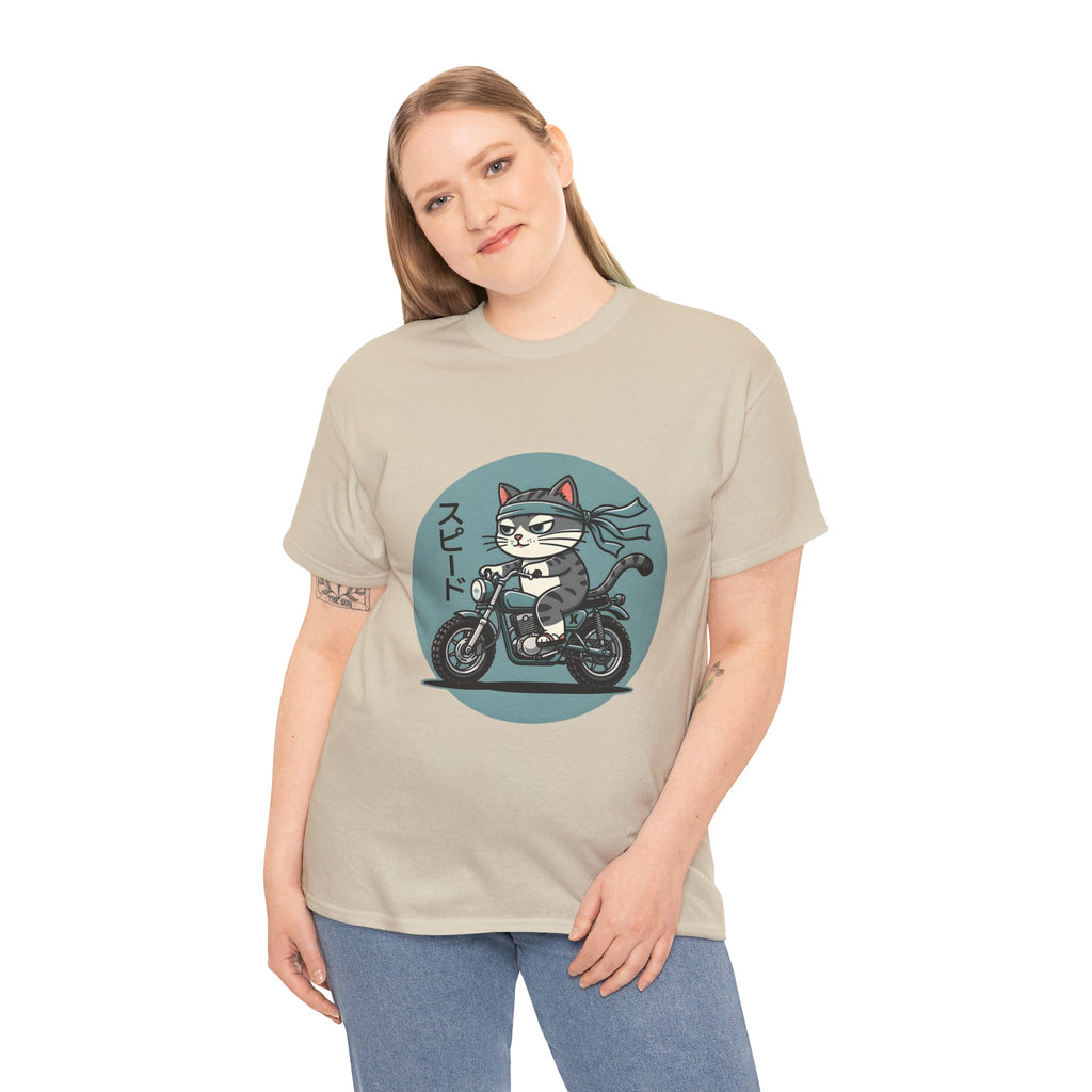 Cat Biker T‑Shirt — Retro Motorcycle Cat with Japanese “Speed” Text