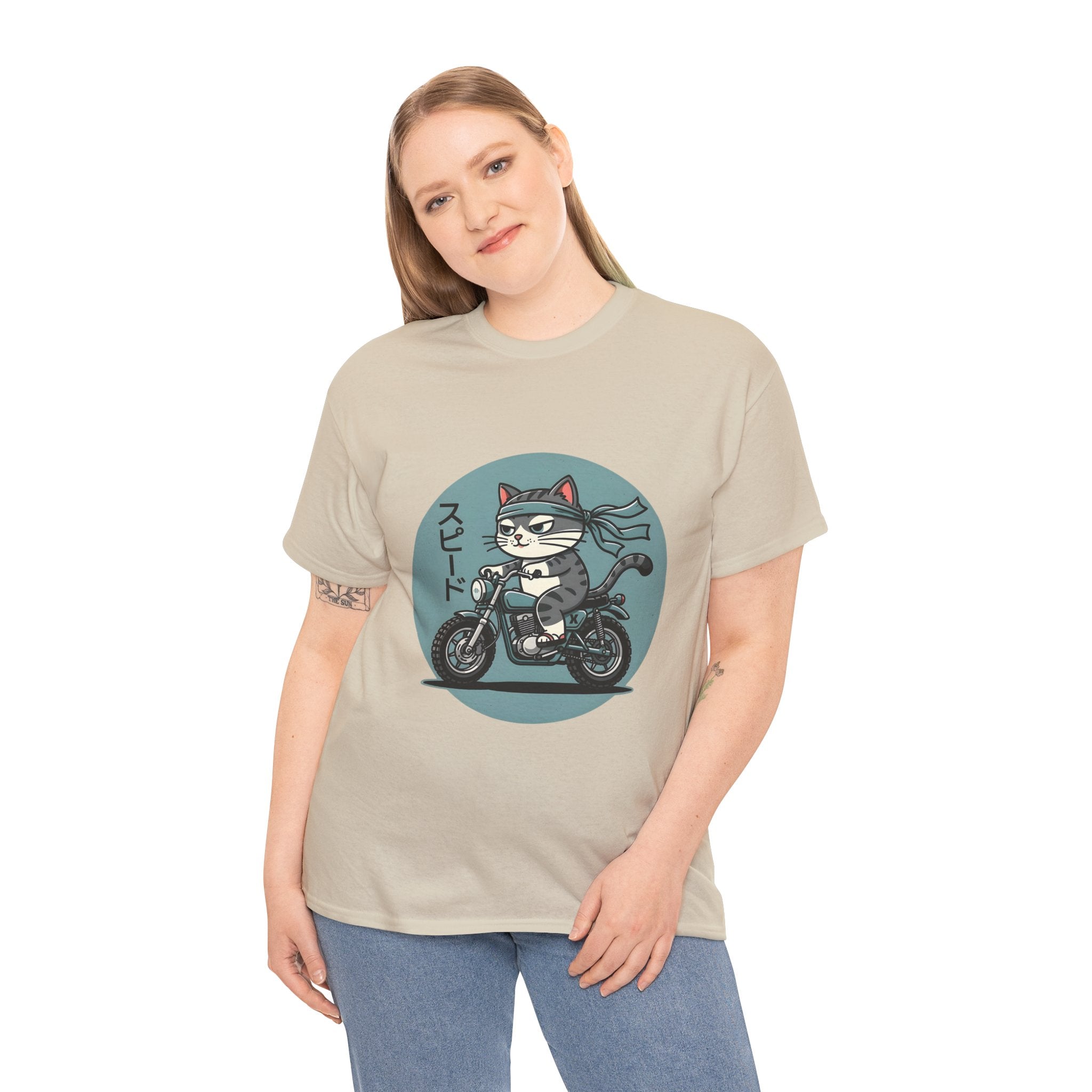 Cat Biker T‑Shirt — Retro Motorcycle Cat with Japanese “Speed” Text