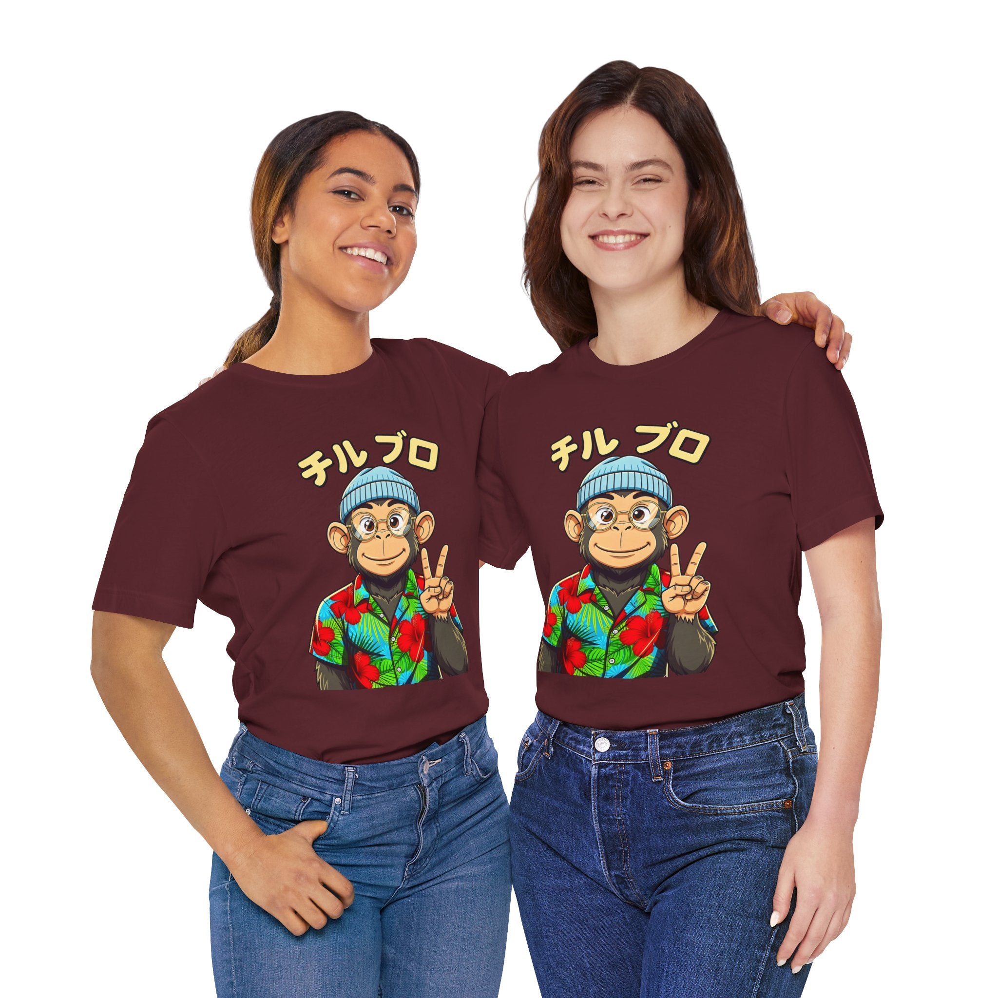 Monkey Peace Sign Tee — Hawaiian Shirt Chimp Graphic with Japanese Text