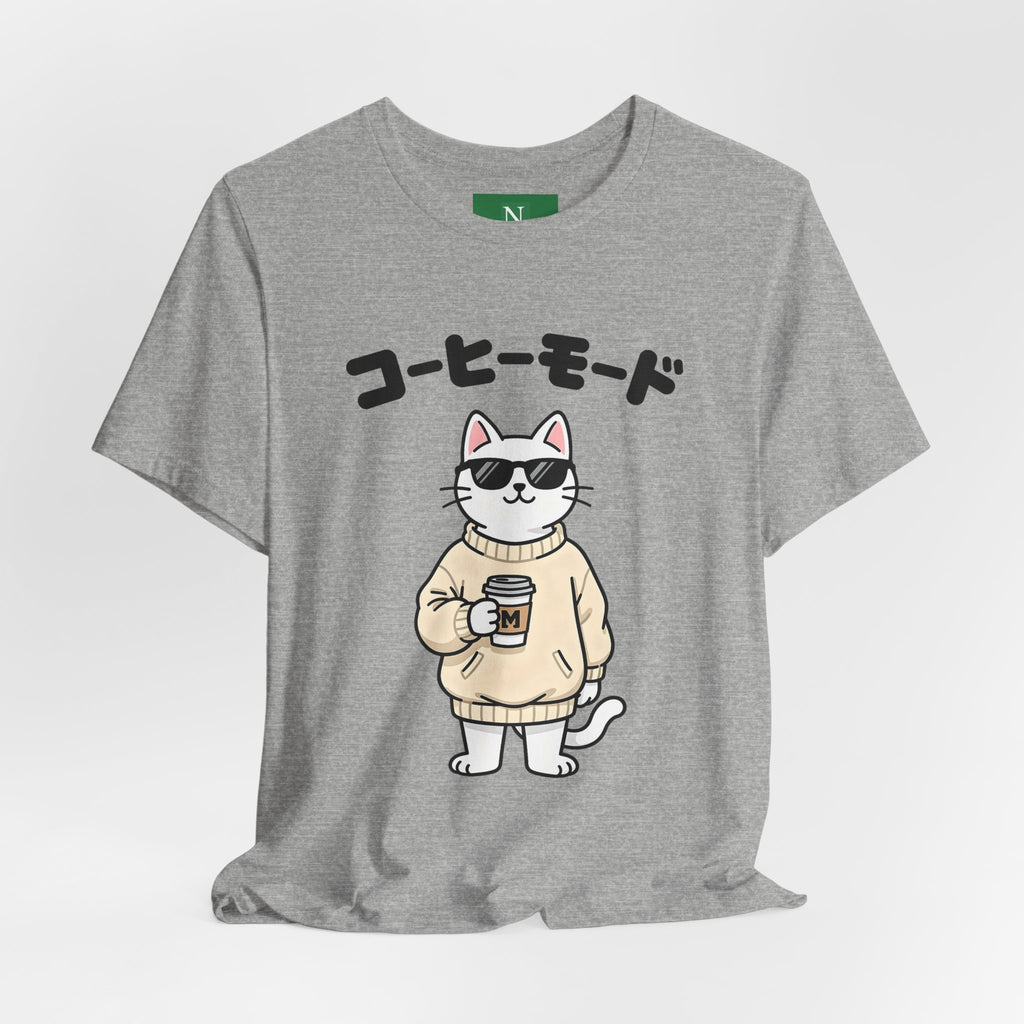 Coffee Mode Cat Tee — Cute Japanese Cat Holding Coffee T-Shirt