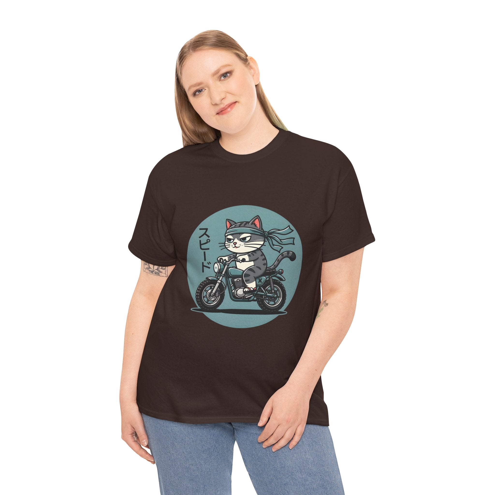 Cat Biker T‑Shirt — Retro Motorcycle Cat with Japanese “Speed” Text