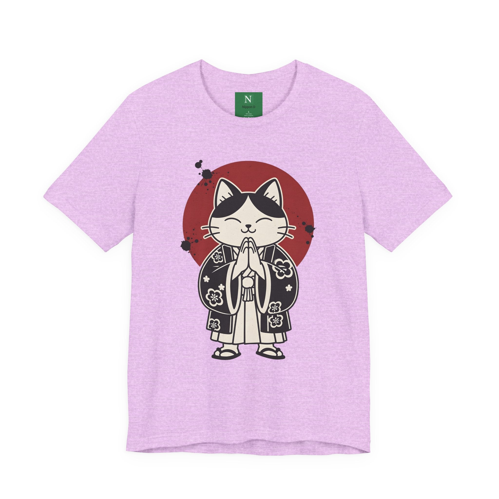 Samurai Cat T‑Shirt — Cute Praying Cat with Red Sun Graphic